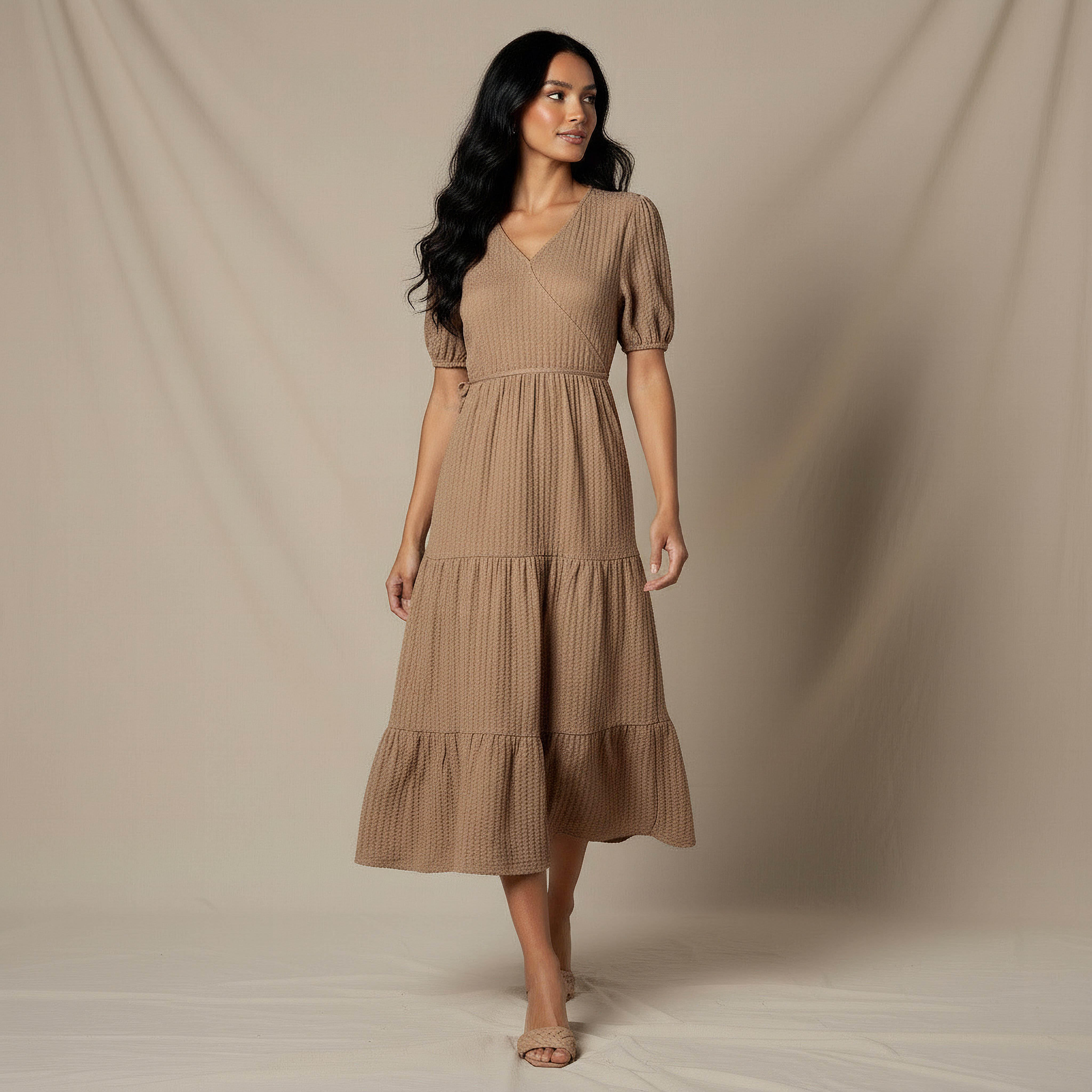 Midi Textured Tiered Dress with Short Puff Sleeves-women-clothing-dresses-image-2