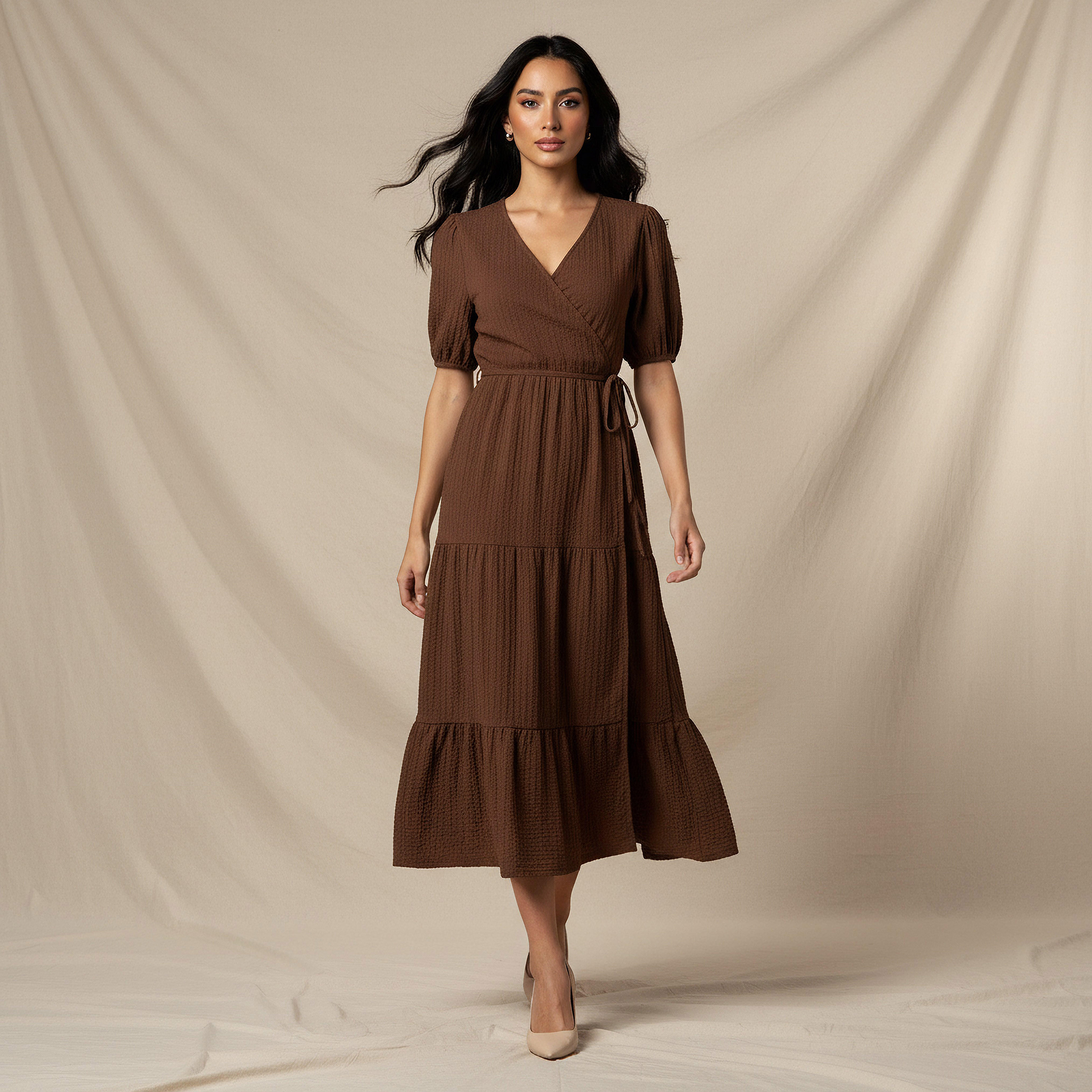 Midi Textured Tiered Dress with Short Puff Sleeves-women-clothing-dresses-image-1