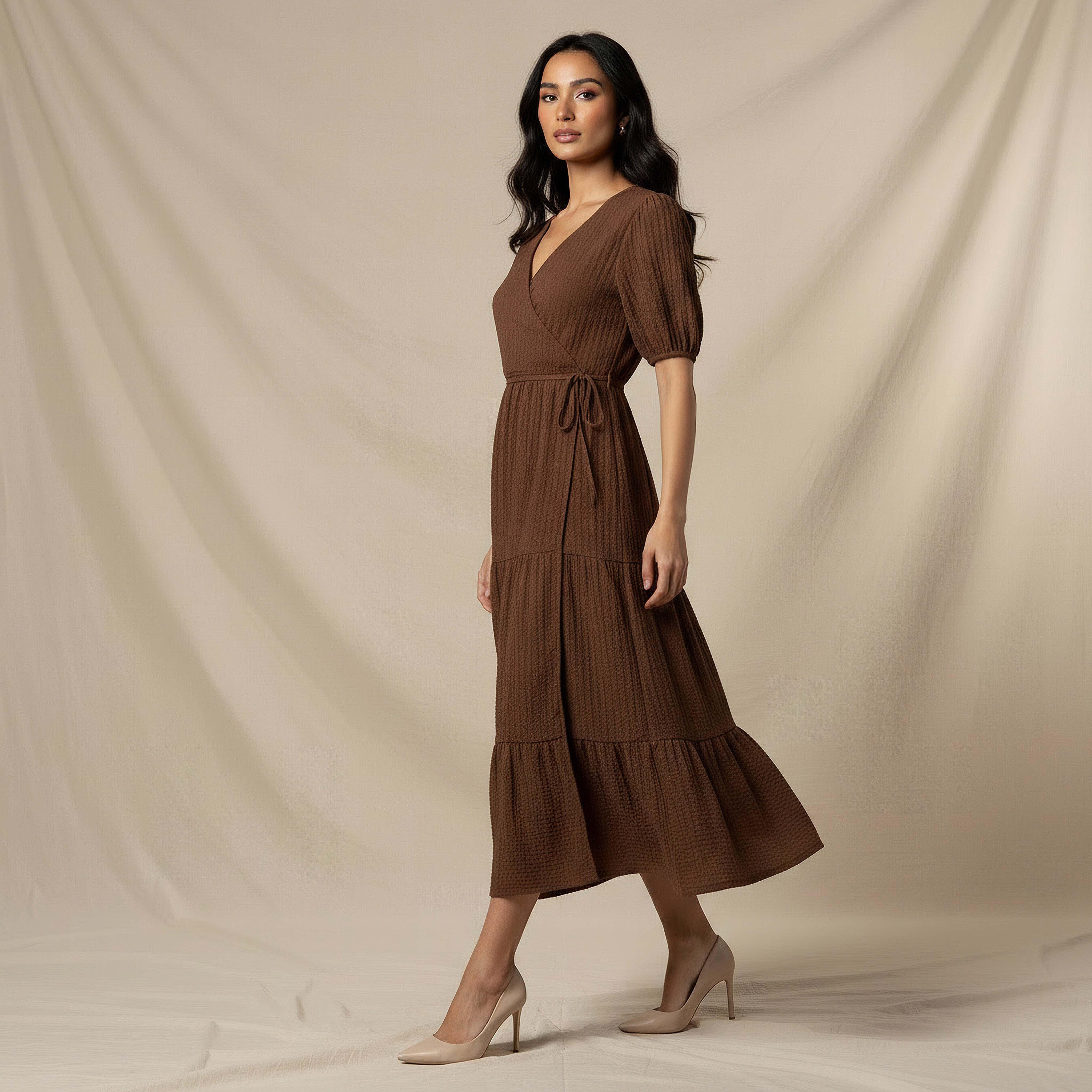 Midi Textured Tiered Dress with Short Puff Sleeves-women-clothing-dresses-image-2