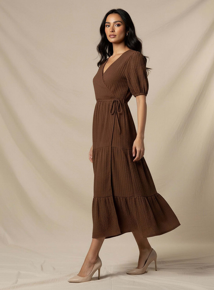 Midi Textured Tiered Dress with Short Puff Sleeves-women-clothing-dresses-image-2