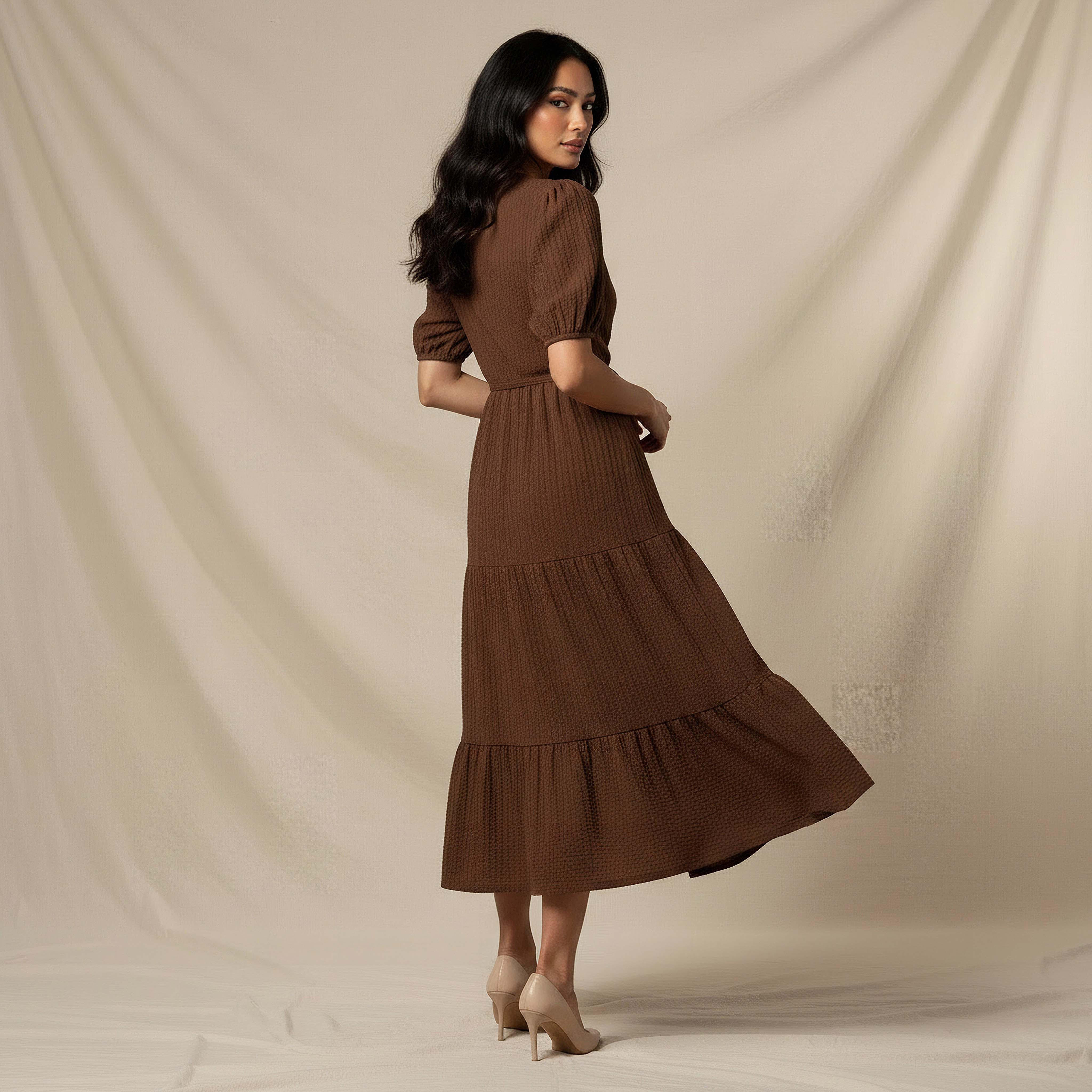 Midi Textured Tiered Dress with Short Puff Sleeves-women-clothing-dresses-image-3