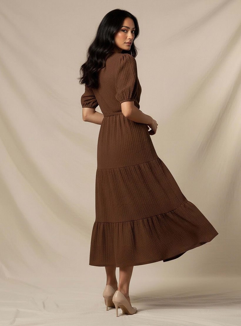 Midi Textured Tiered Dress with Short Puff Sleeves-women-clothing-dresses-image-3