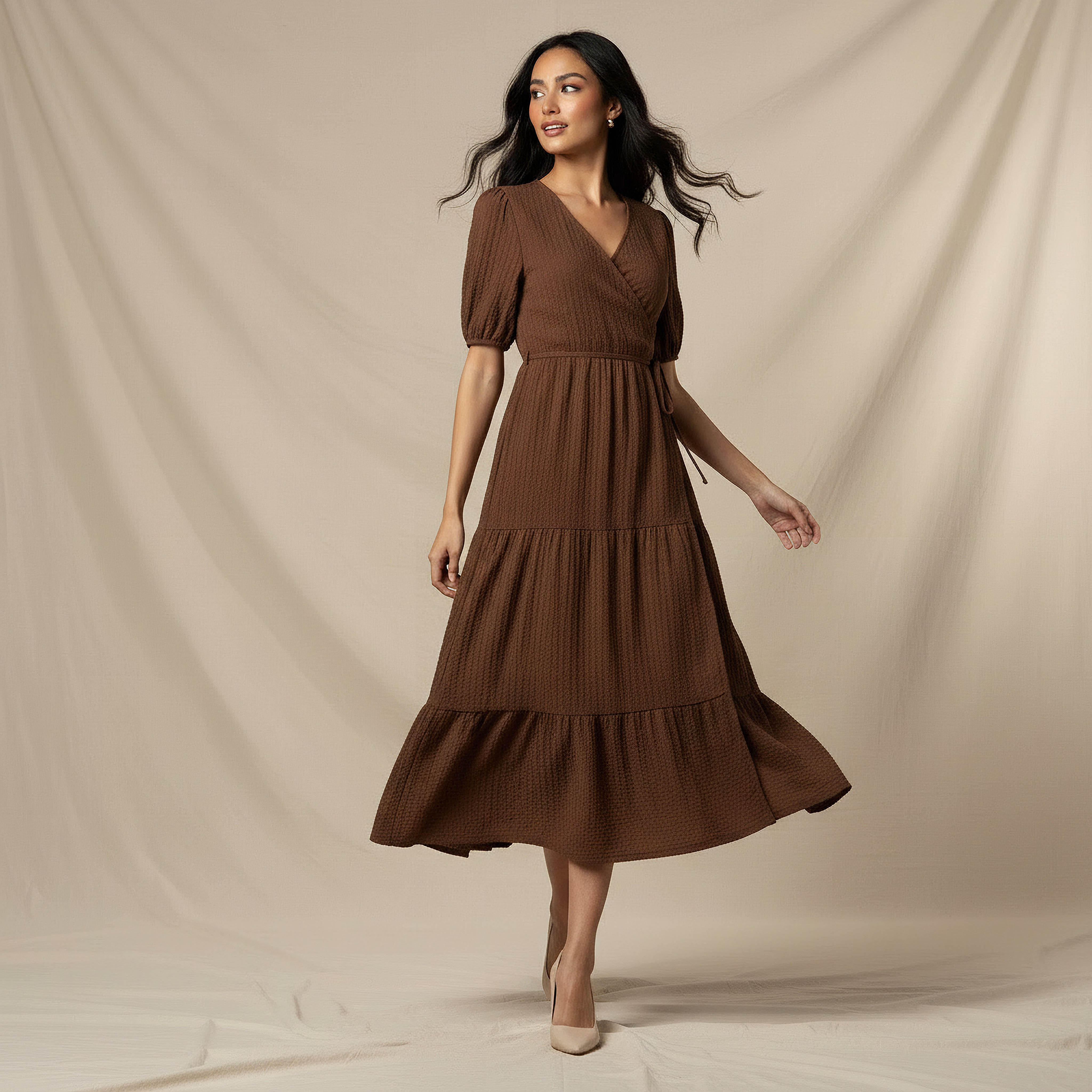 Midi Textured Tiered Dress with Short Puff Sleeves-women-clothing-dresses-image-5