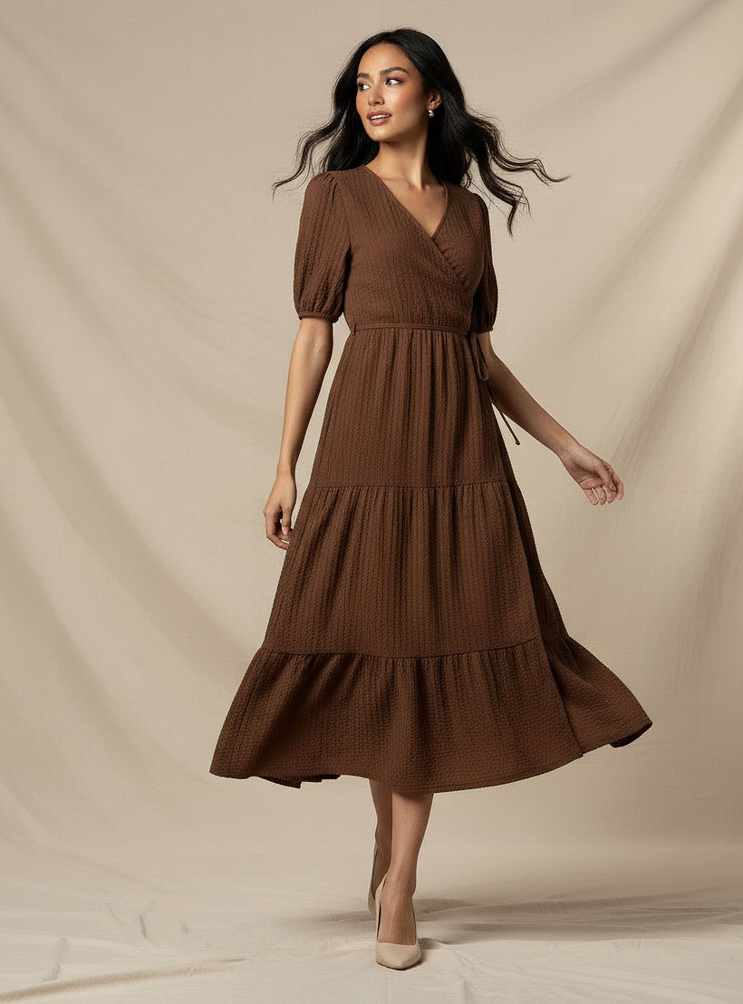 Midi Textured Tiered Dress with Short Puff Sleeves-women-clothing-dresses-image-5