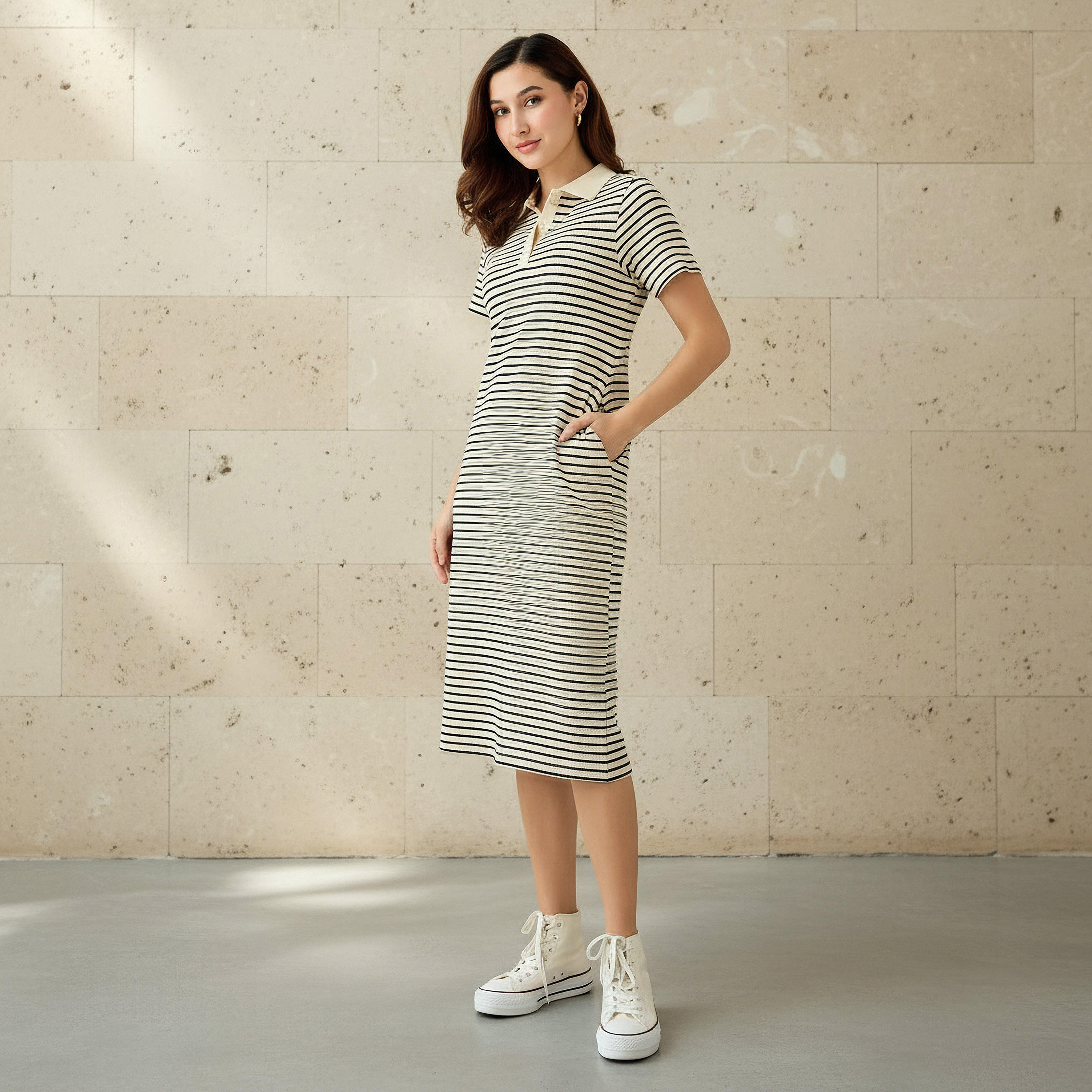 Striped T-shirt Dress with Contrast Collar-women-clothing-dresses-image-1