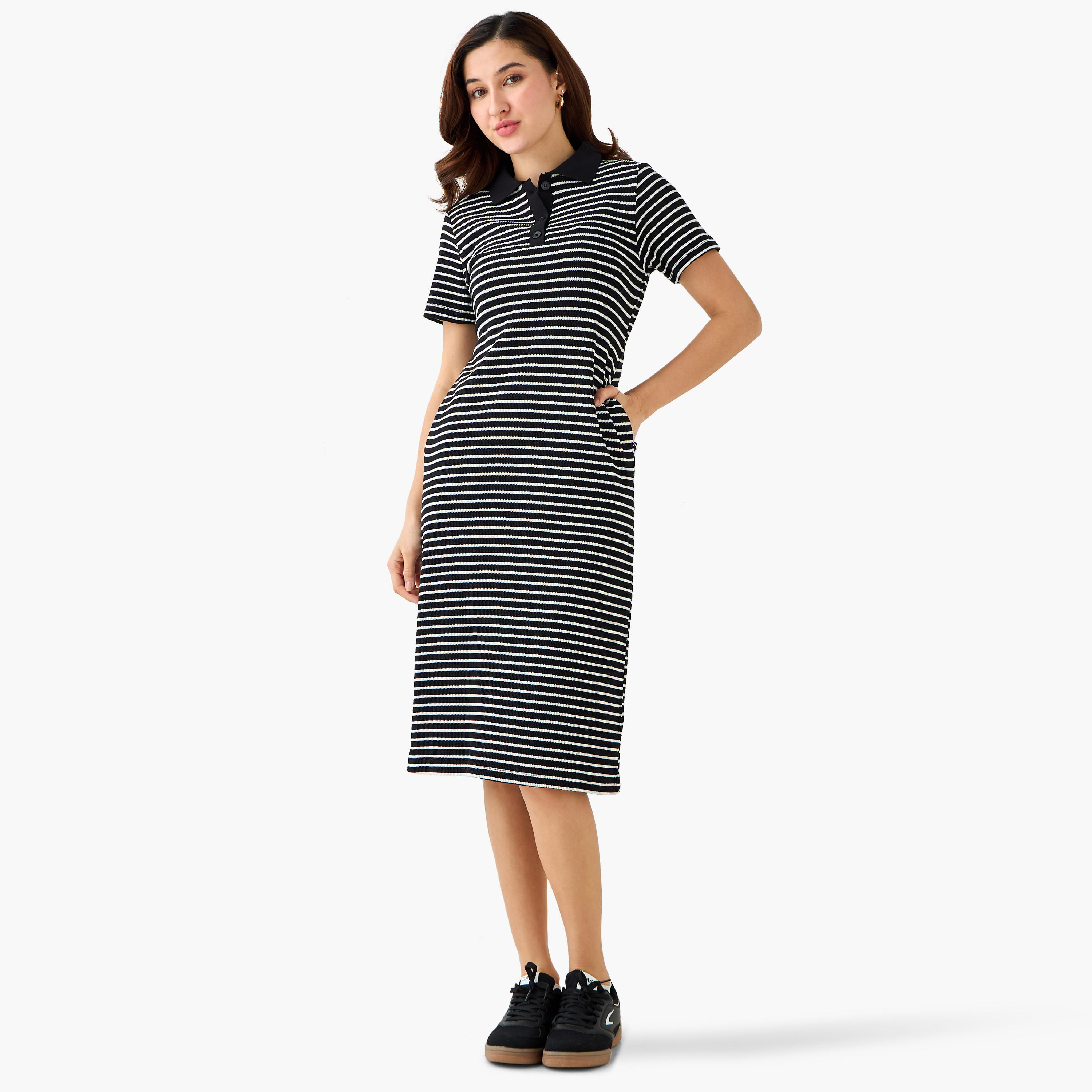 Striped T-shirt Dress with Contrast Collar-women-clothing-dresses-image-2