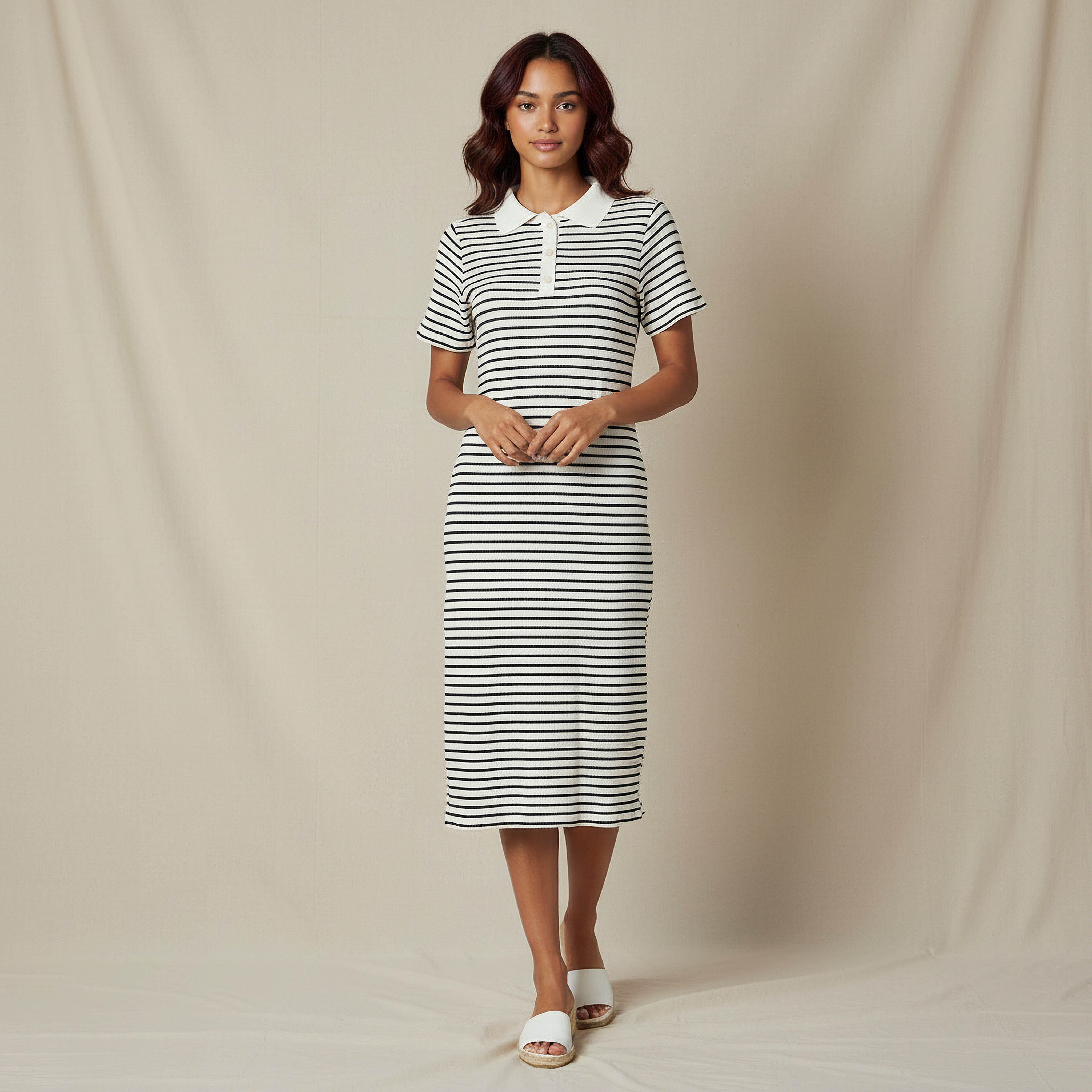 Striped T-shirt Dress with Contrast Collar-women-clothing-dresses-image-1