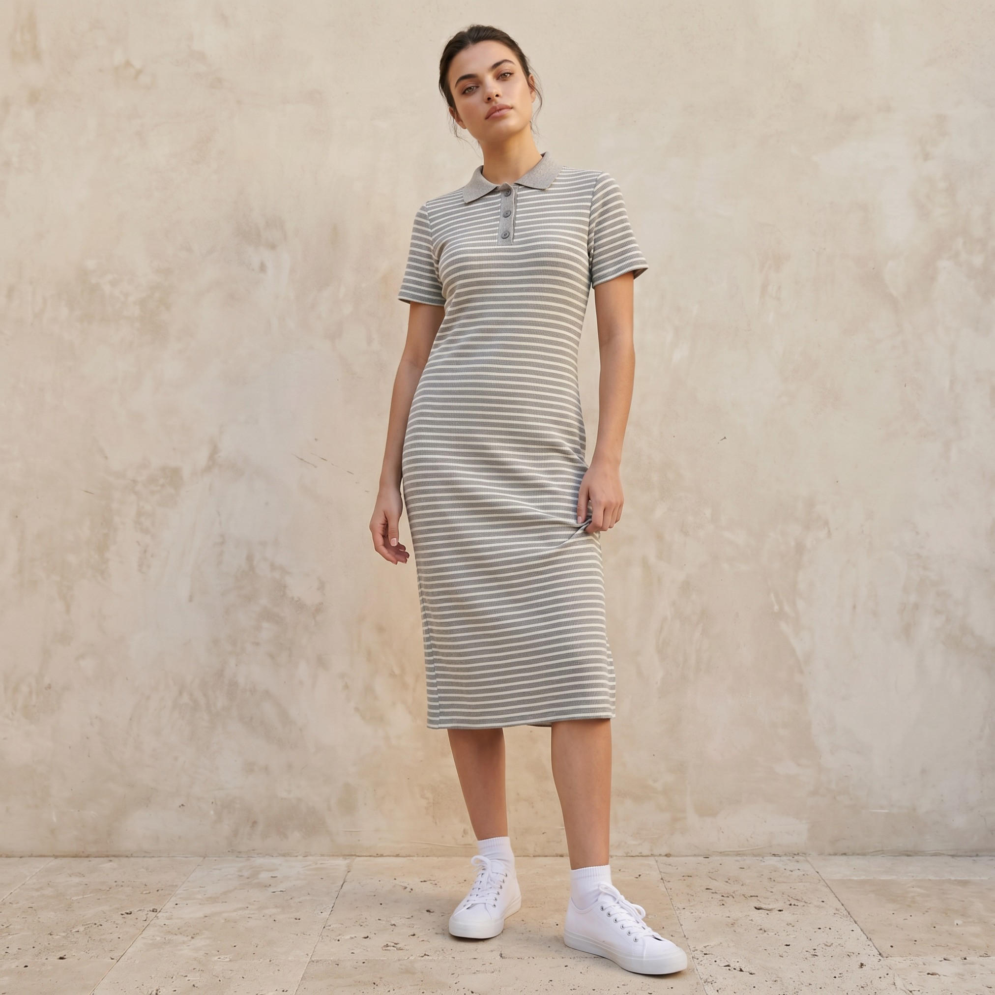 Striped T-shirt Dress with Contrast Collar-women-clothing-dresses-image-1