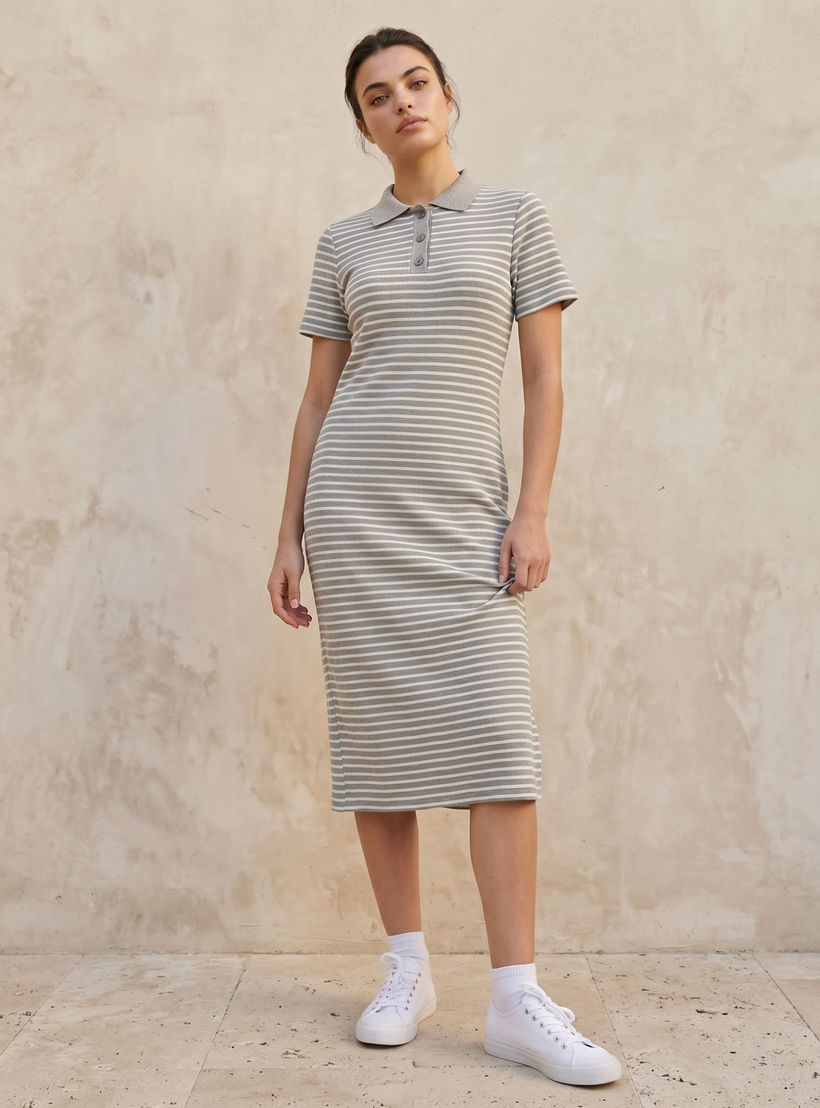 Striped T-shirt Dress with Contrast Collar-women-clothing-dresses-image-1