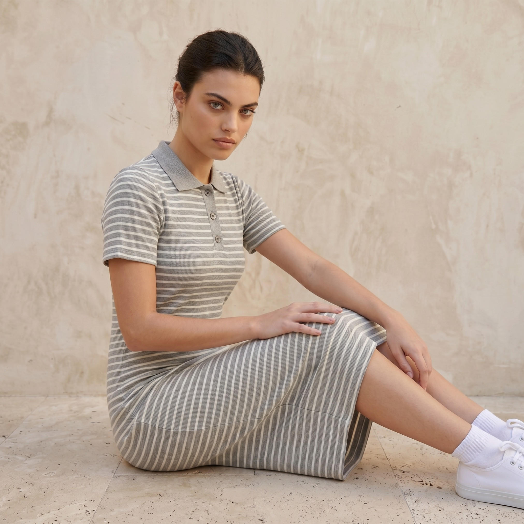 Striped T-shirt Dress with Contrast Collar-women-clothing-dresses-image-4