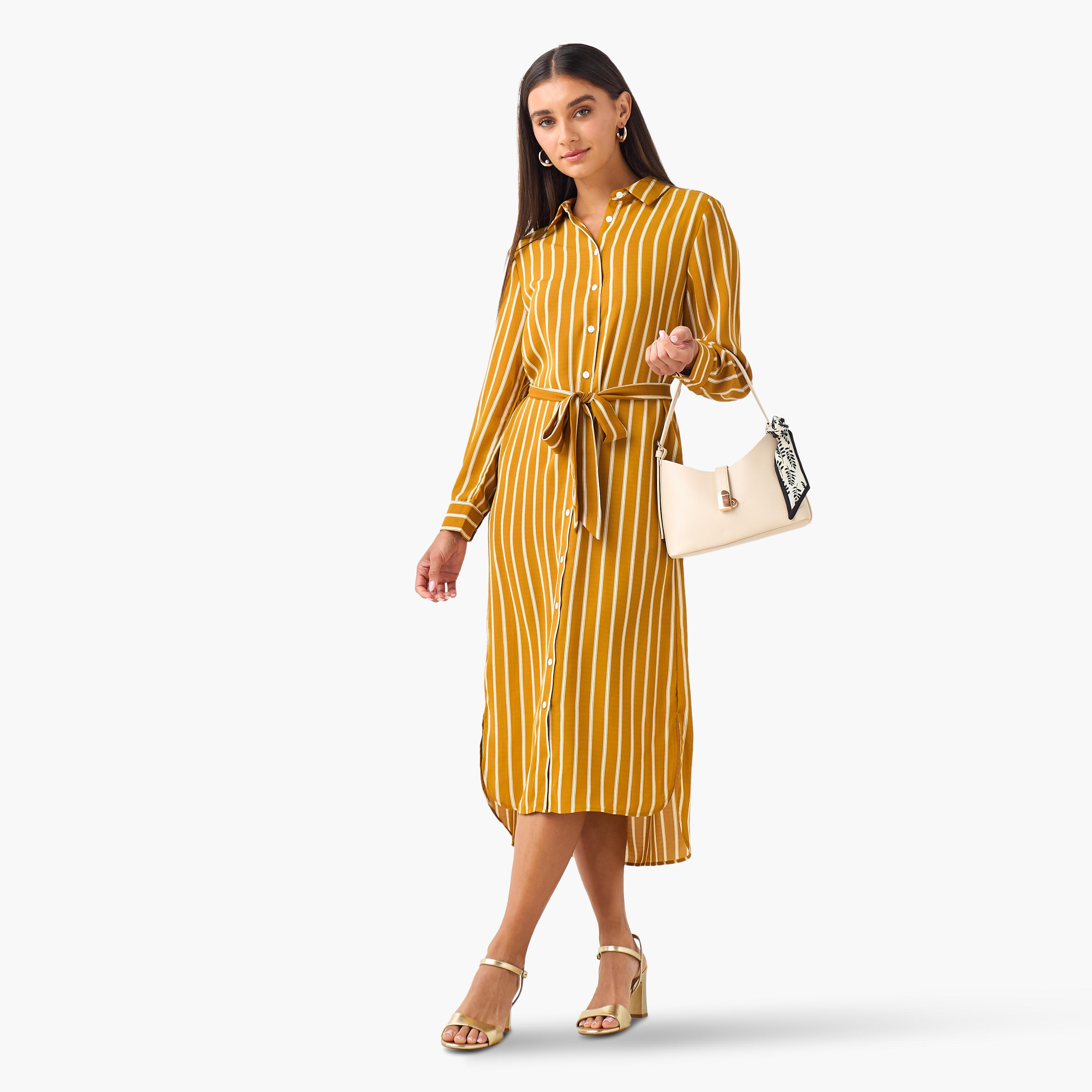 Striped Women Shirt Dress with Tie-Up Belt-women-clothing-dresses-image-3