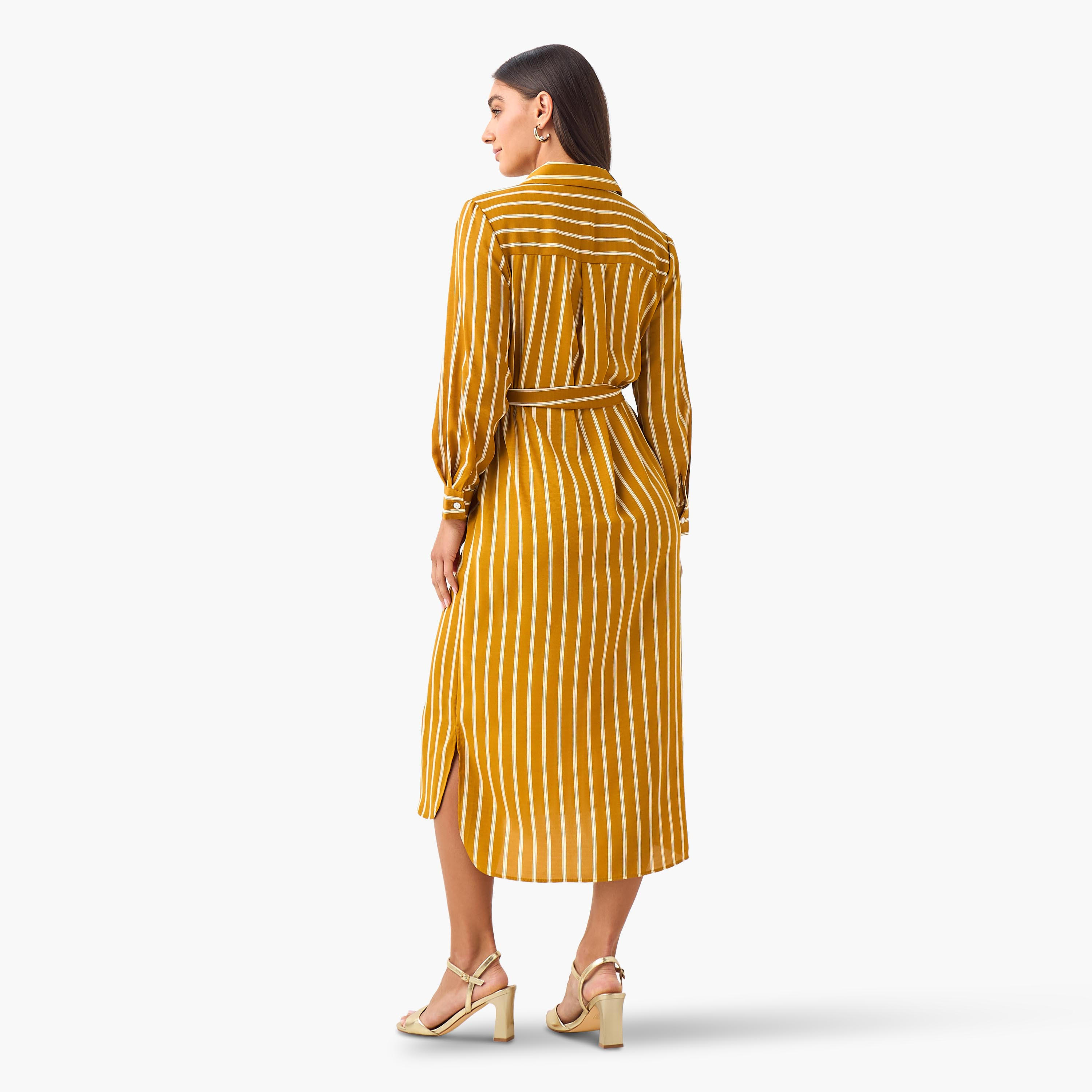 فستان قميص مقلم بحزام ربط للنساء-women-clothing-dresses-image-4