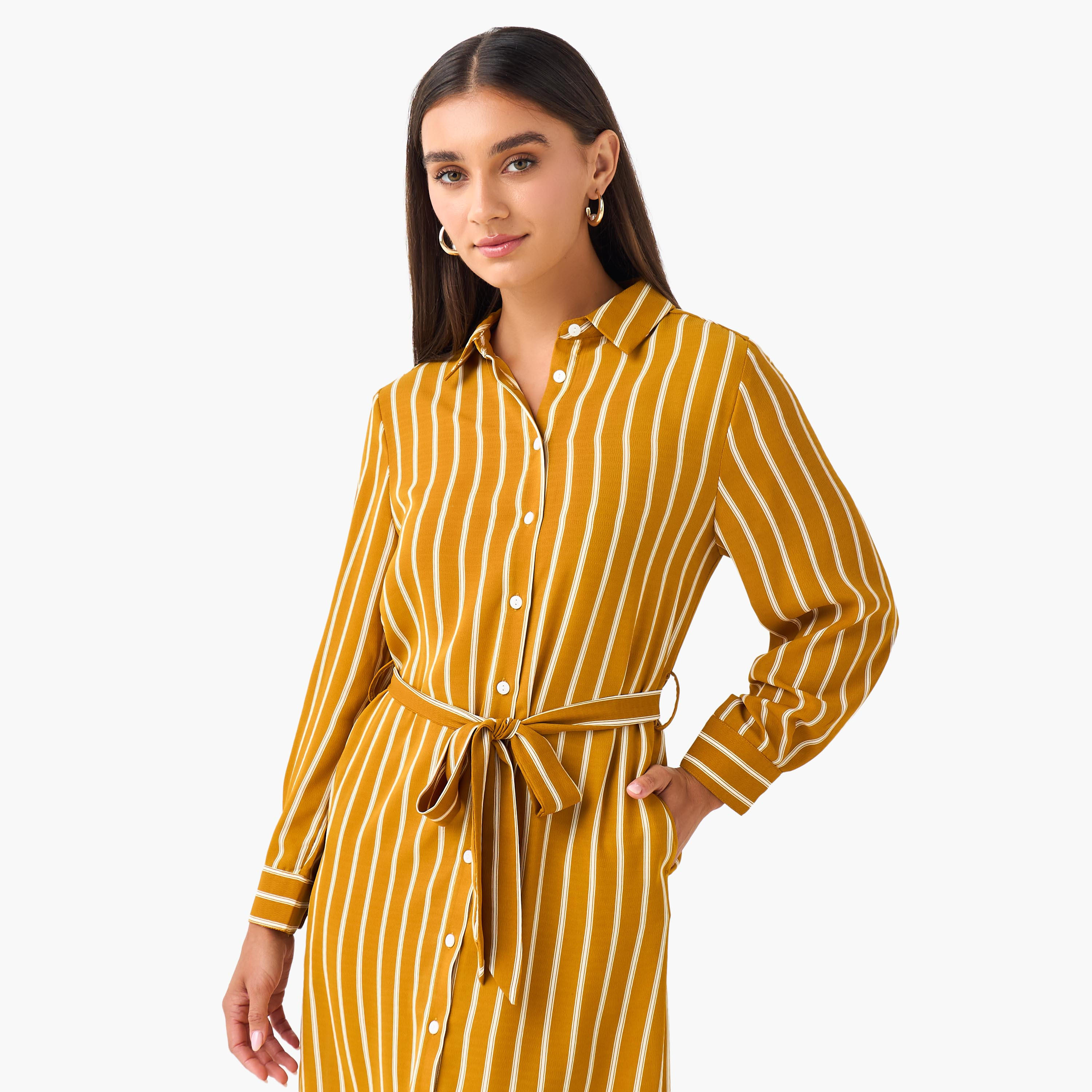 Striped Women Shirt Dress with Tie-Up Belt-women-clothing-dresses-image-5