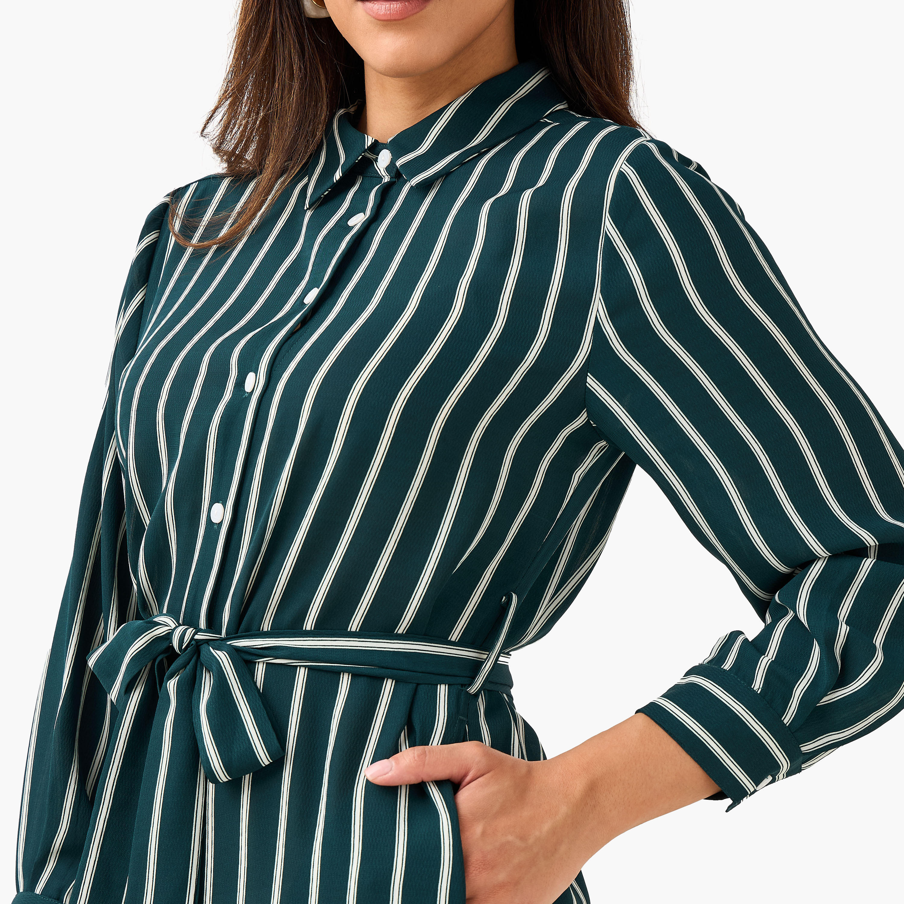 Striped Women Shirt Dress with Tie-Up Belt-women-clothing-dresses-image-2