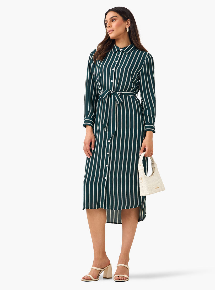 Striped Women Shirt Dress with Tie-Up Belt-women-clothing-dresses-image-3