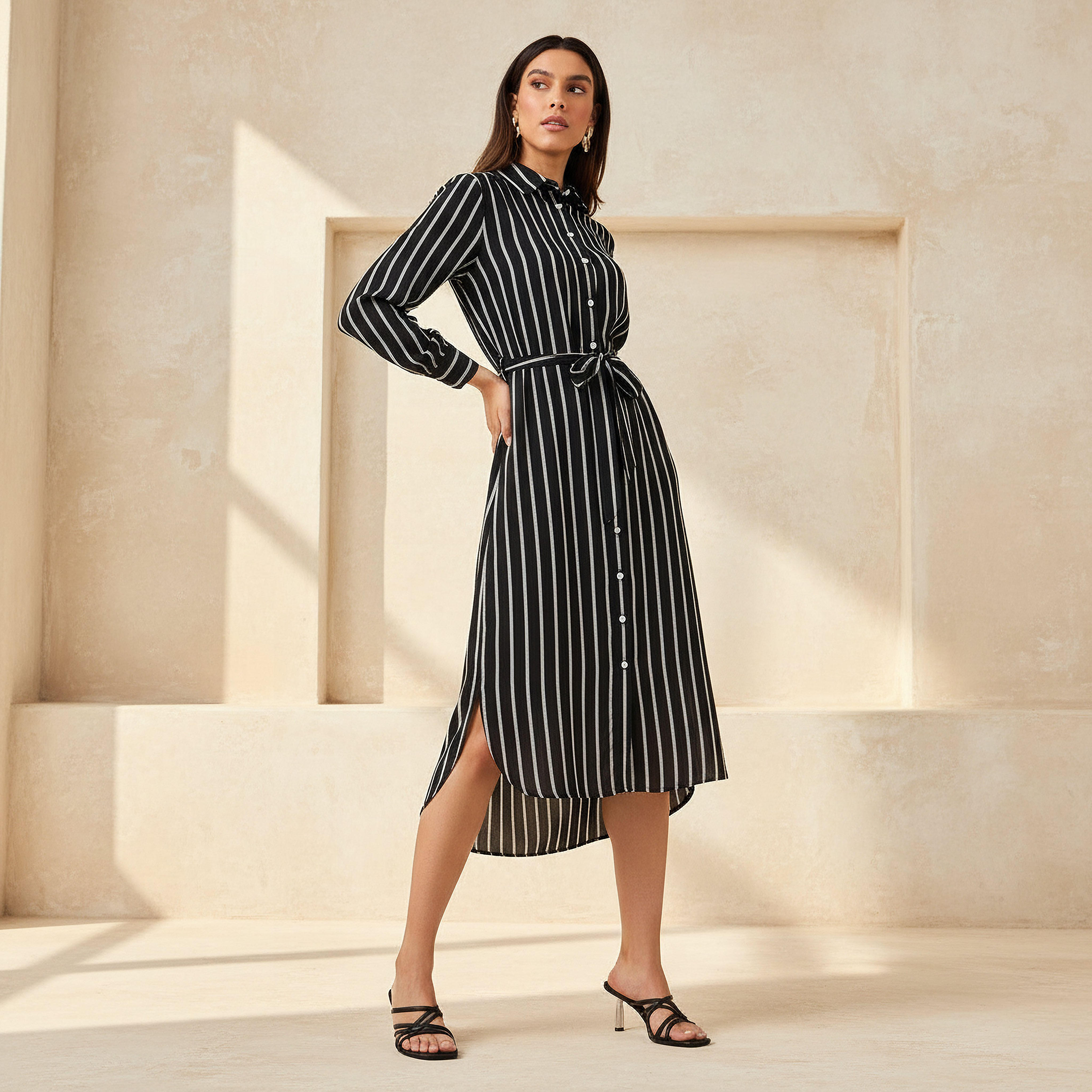 فستان قميص مقلم بحزام ربط للنساء-women-clothing-dresses-image-1