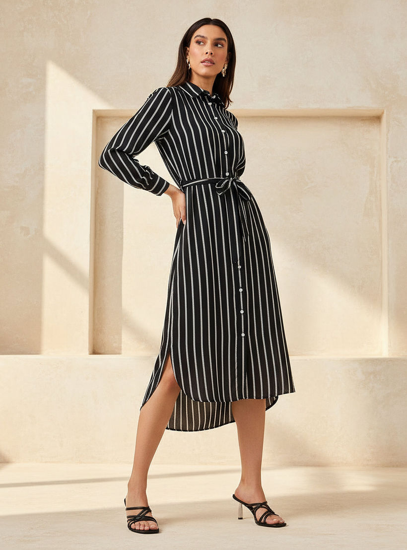 فستان قميص مقلم بحزام ربط للنساء-women-clothing-dresses-image-1