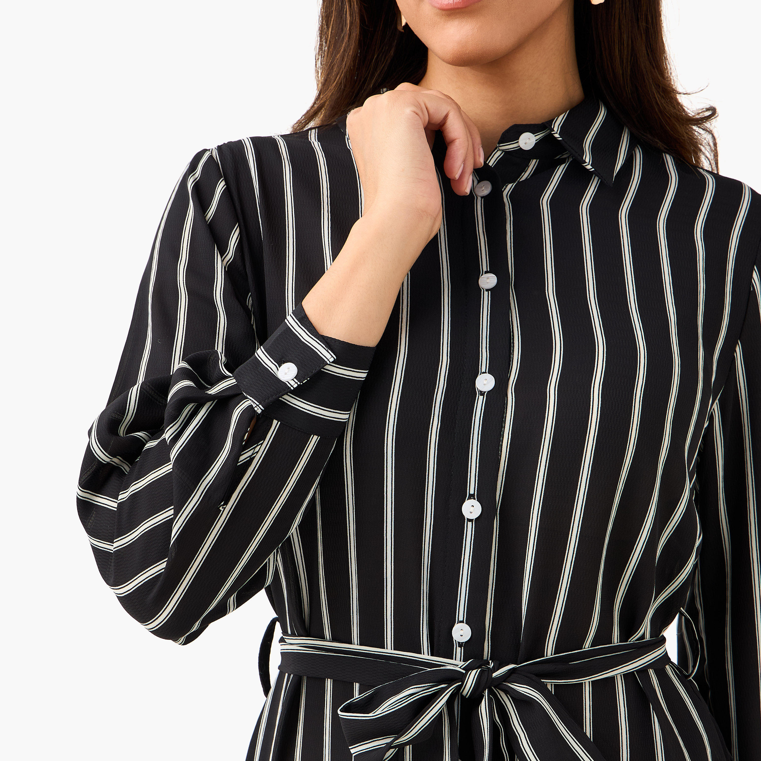 فستان قميص مقلم بحزام ربط للنساء-women-clothing-dresses-image-2