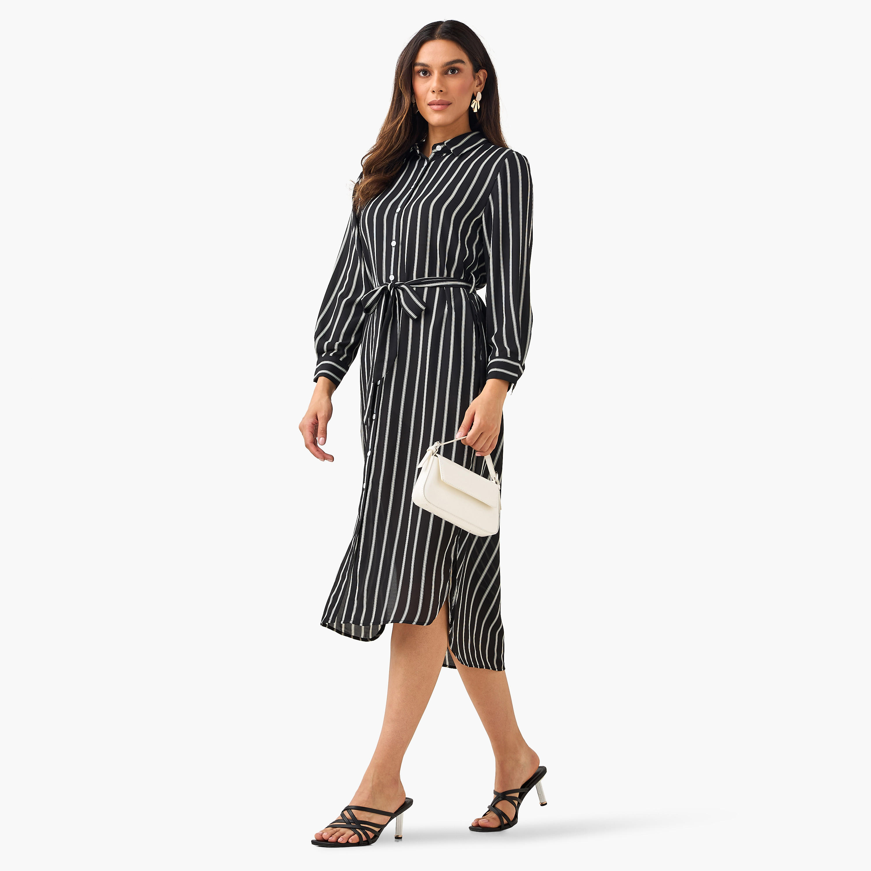 فستان قميص مقلم بحزام ربط للنساء-women-clothing-dresses-image-3