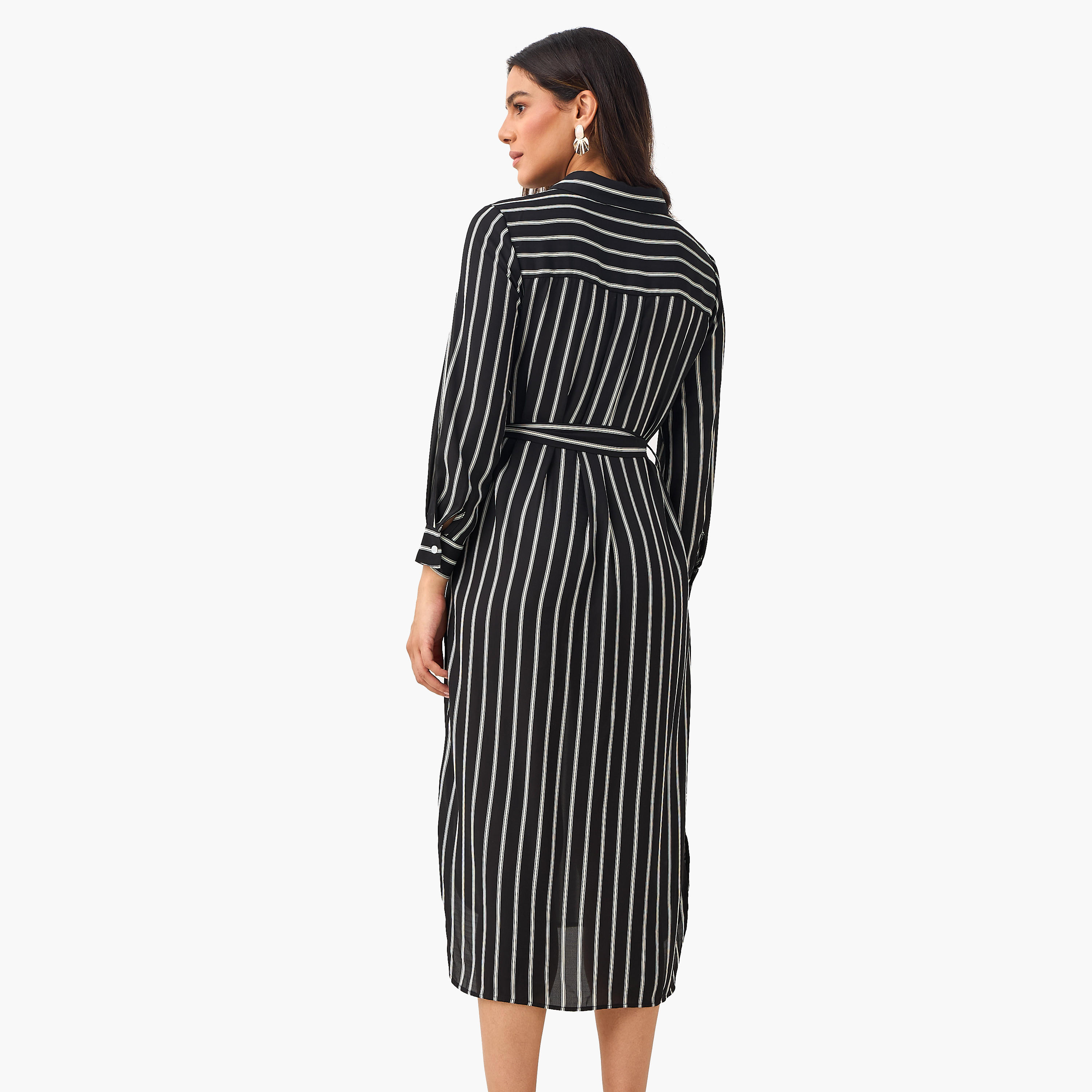 فستان قميص مقلم بحزام ربط للنساء-women-clothing-dresses-image-4
