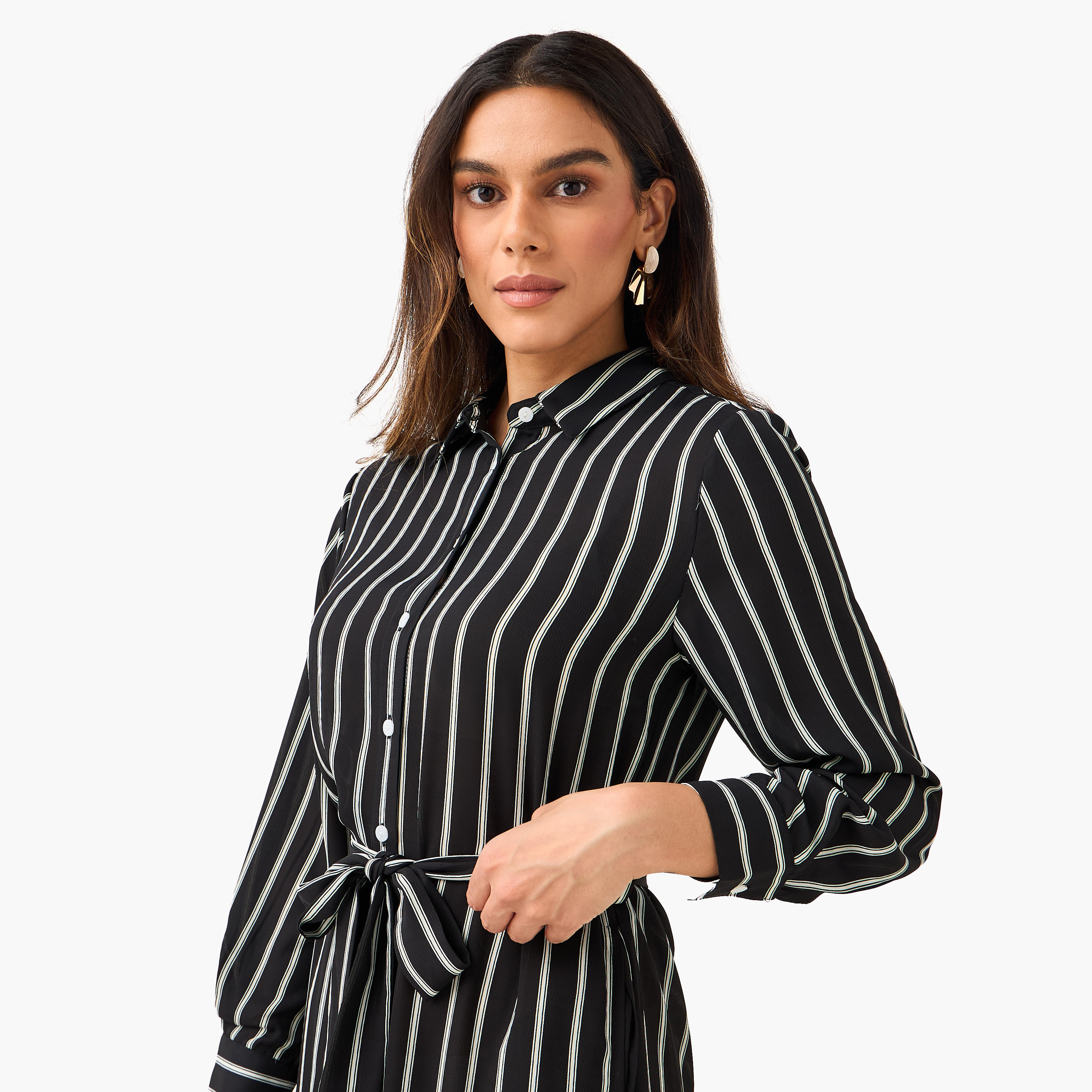 فستان قميص مقلم بحزام ربط للنساء-women-clothing-dresses-image-5
