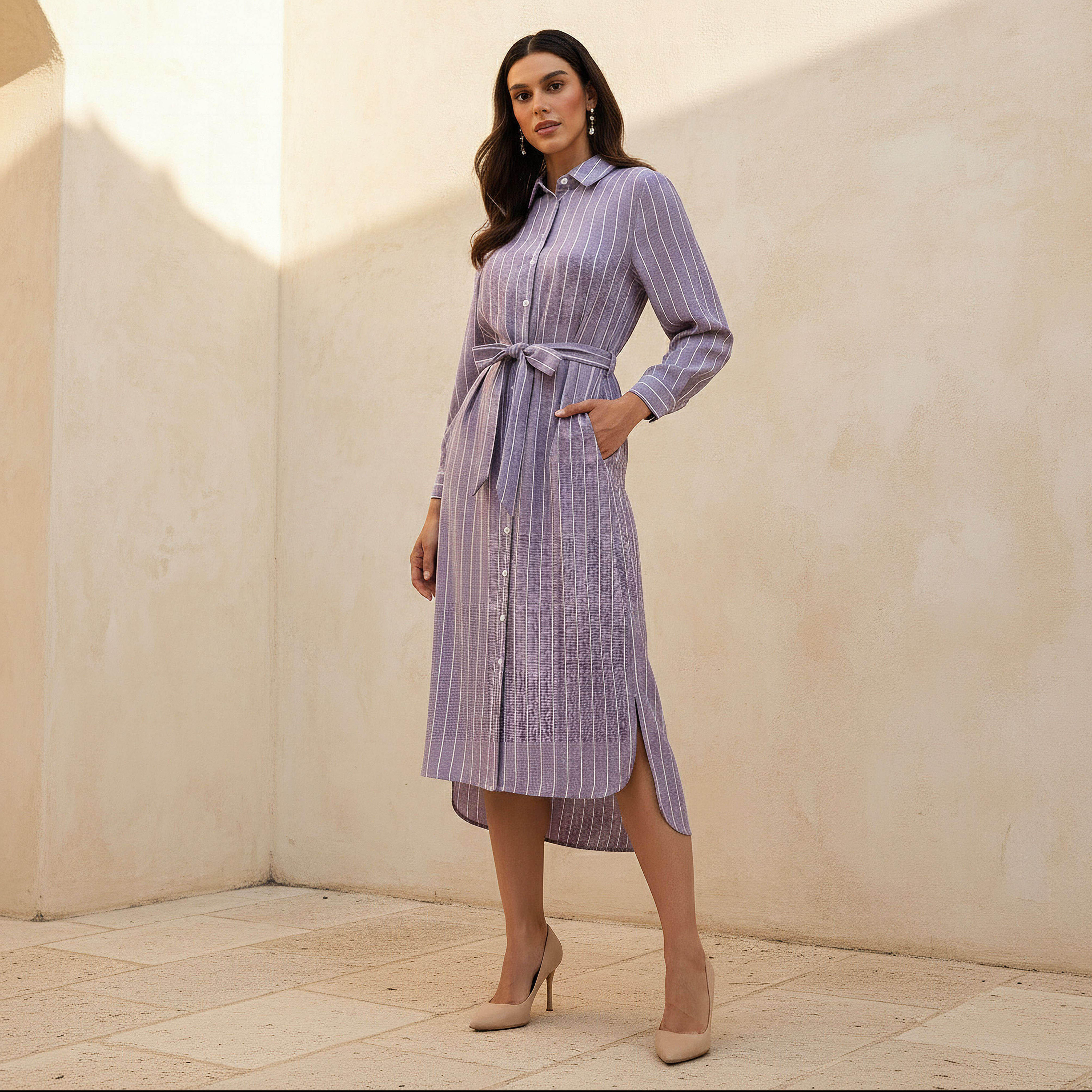 Striped Women Shirt Dress with Tie-Up Belt-women-clothing-dresses-image-1