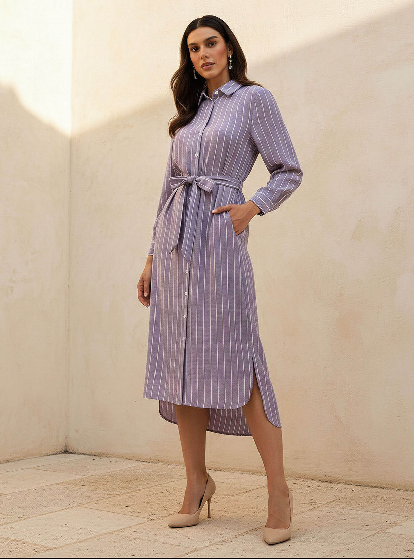 فستان قميص مقلم بحزام ربط للنساء-women-clothing-dresses-image-1