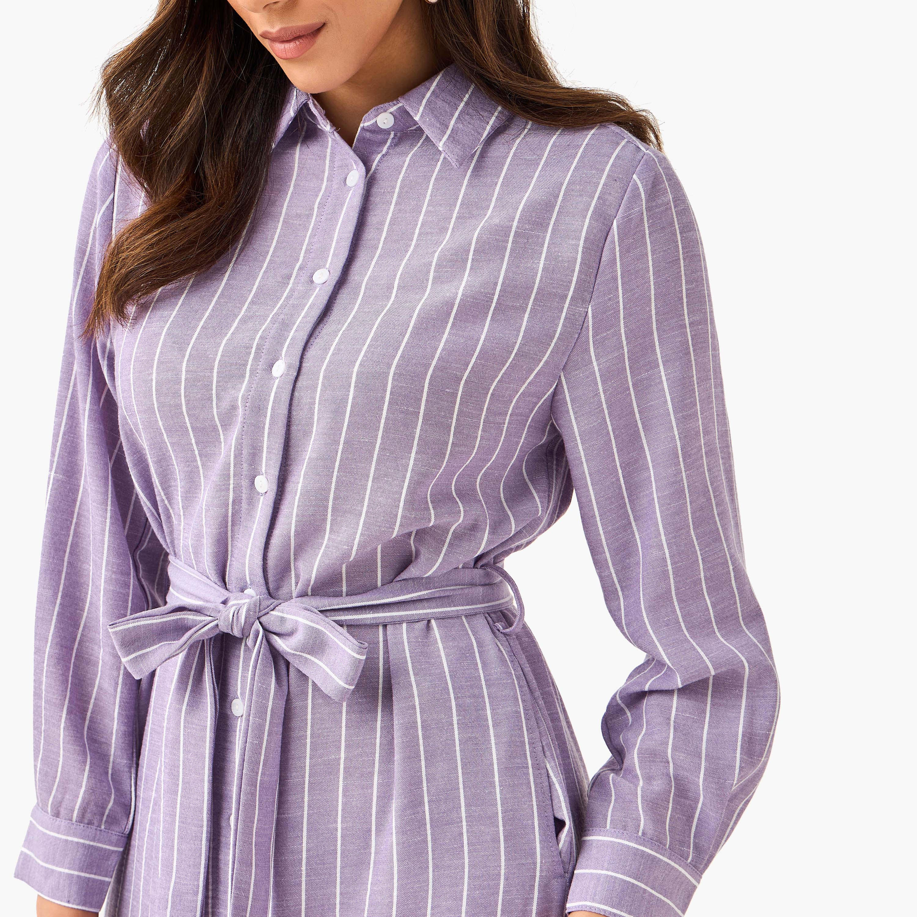 Striped Women Shirt Dress with Tie-Up Belt-women-clothing-dresses-image-2