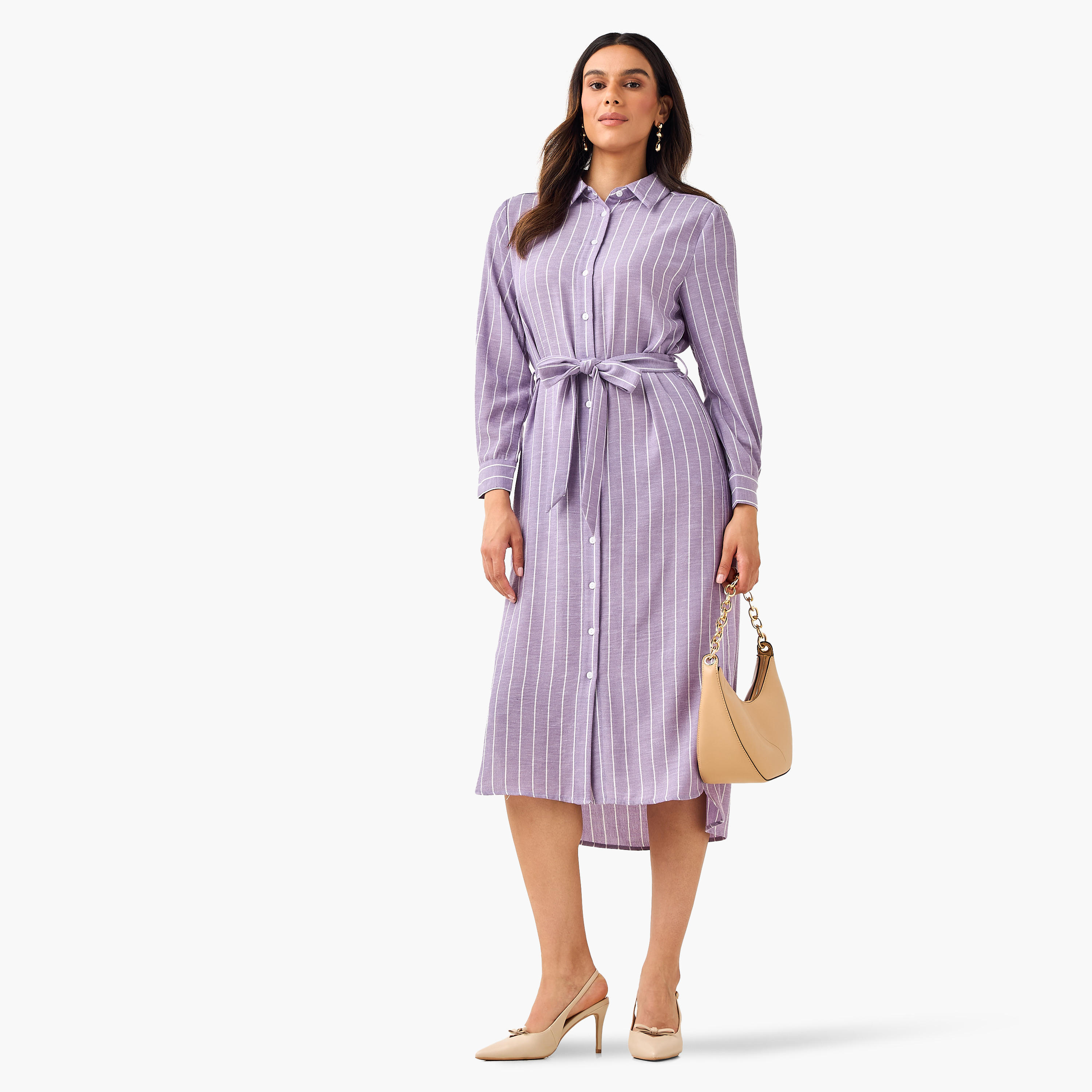 فستان قميص مقلم بحزام ربط للنساء-women-clothing-dresses-image-3