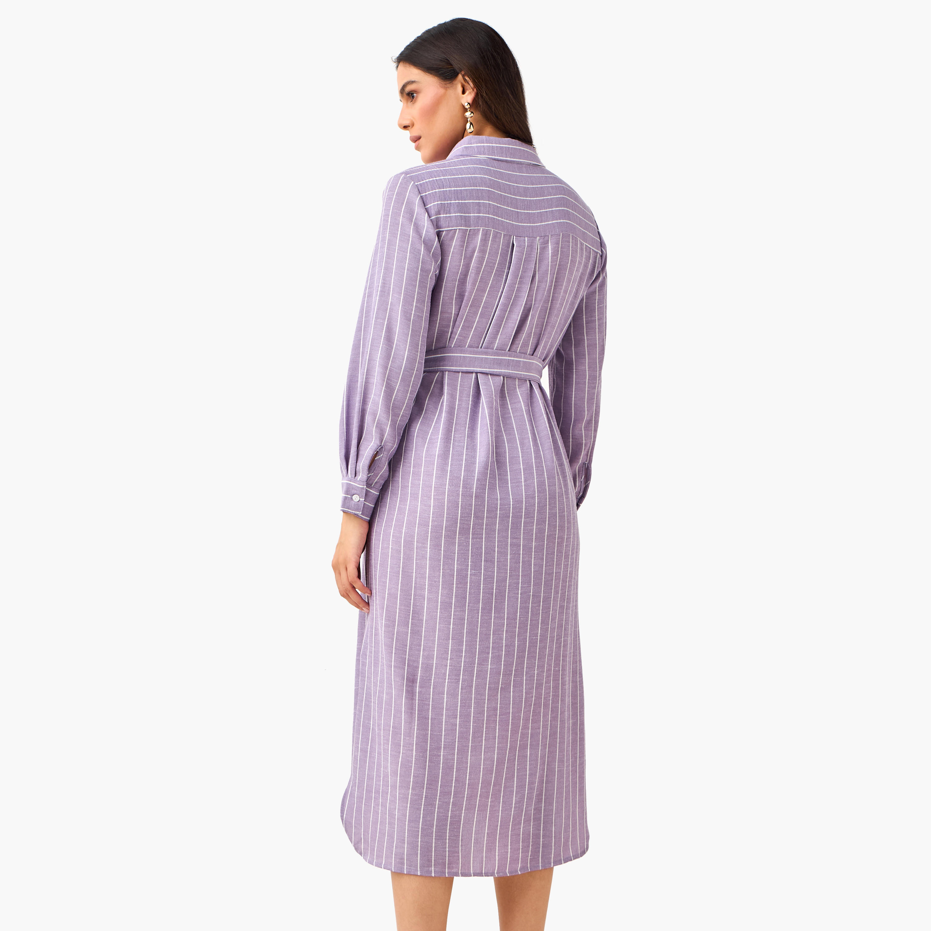 فستان قميص مقلم بحزام ربط للنساء-women-clothing-dresses-image-4