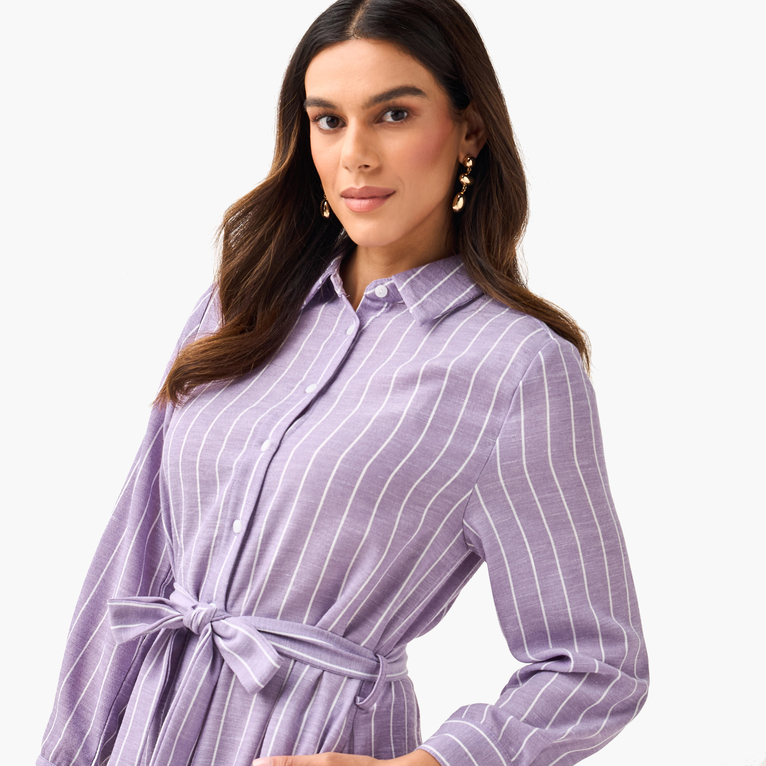 فستان قميص مقلم بحزام ربط للنساء-women-clothing-dresses-image-5