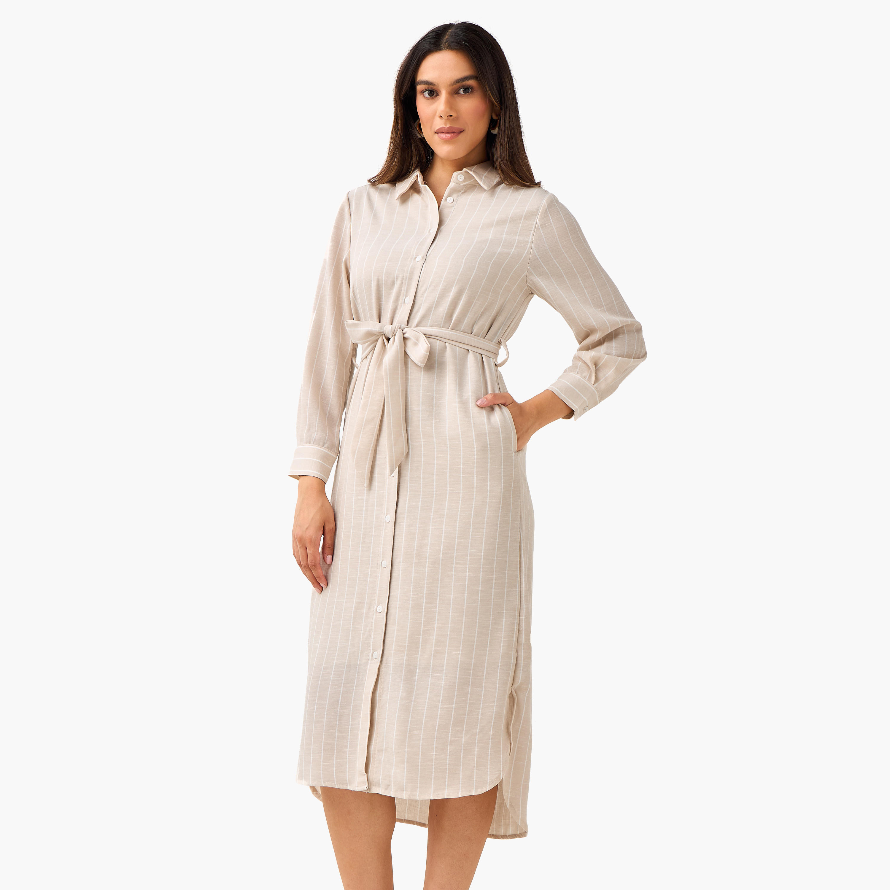 Striped Women Shirt Dress with Tie-Up Belt-women-clothing-dresses-image-3
