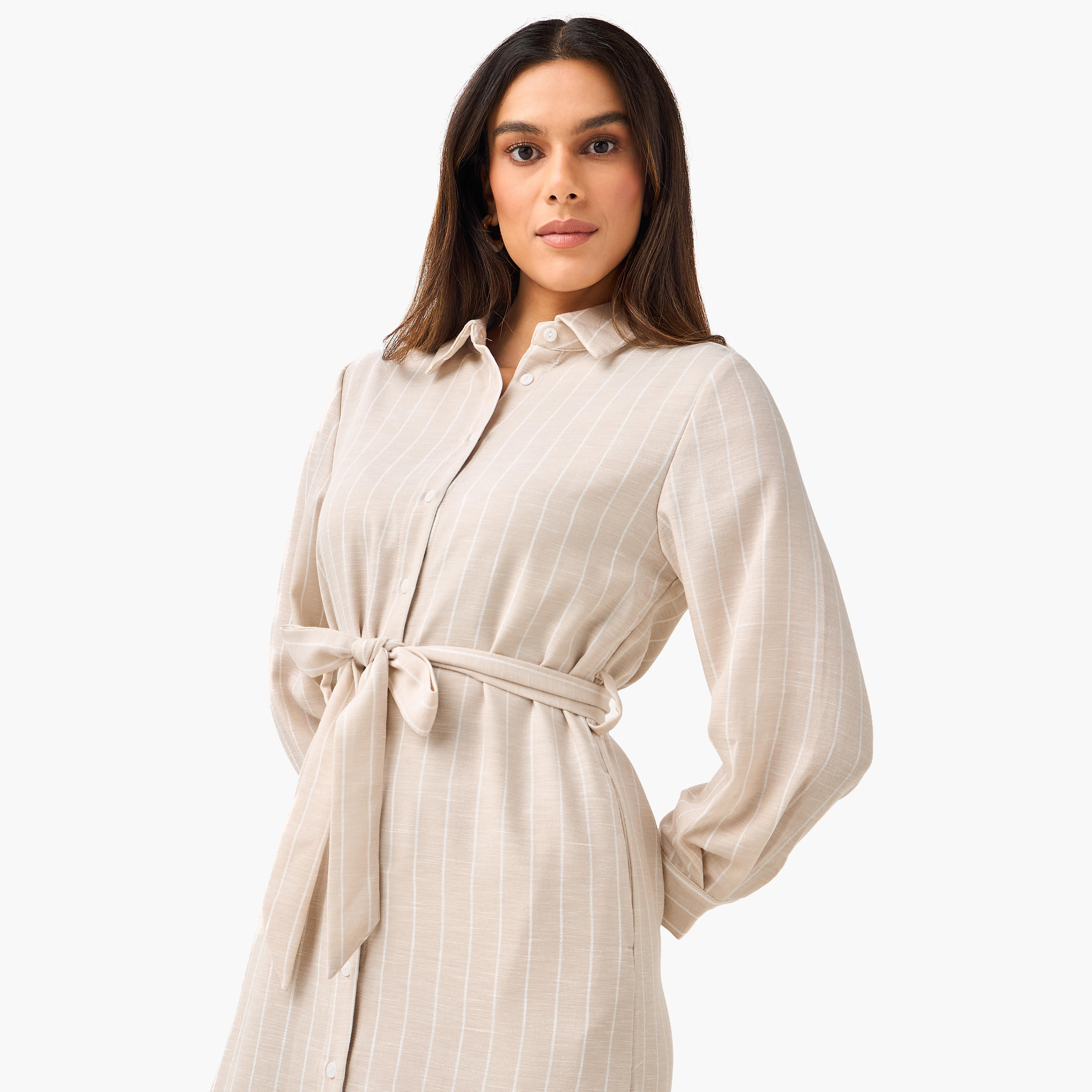 فستان قميص مقلم بحزام ربط للنساء-women-clothing-dresses-image-5