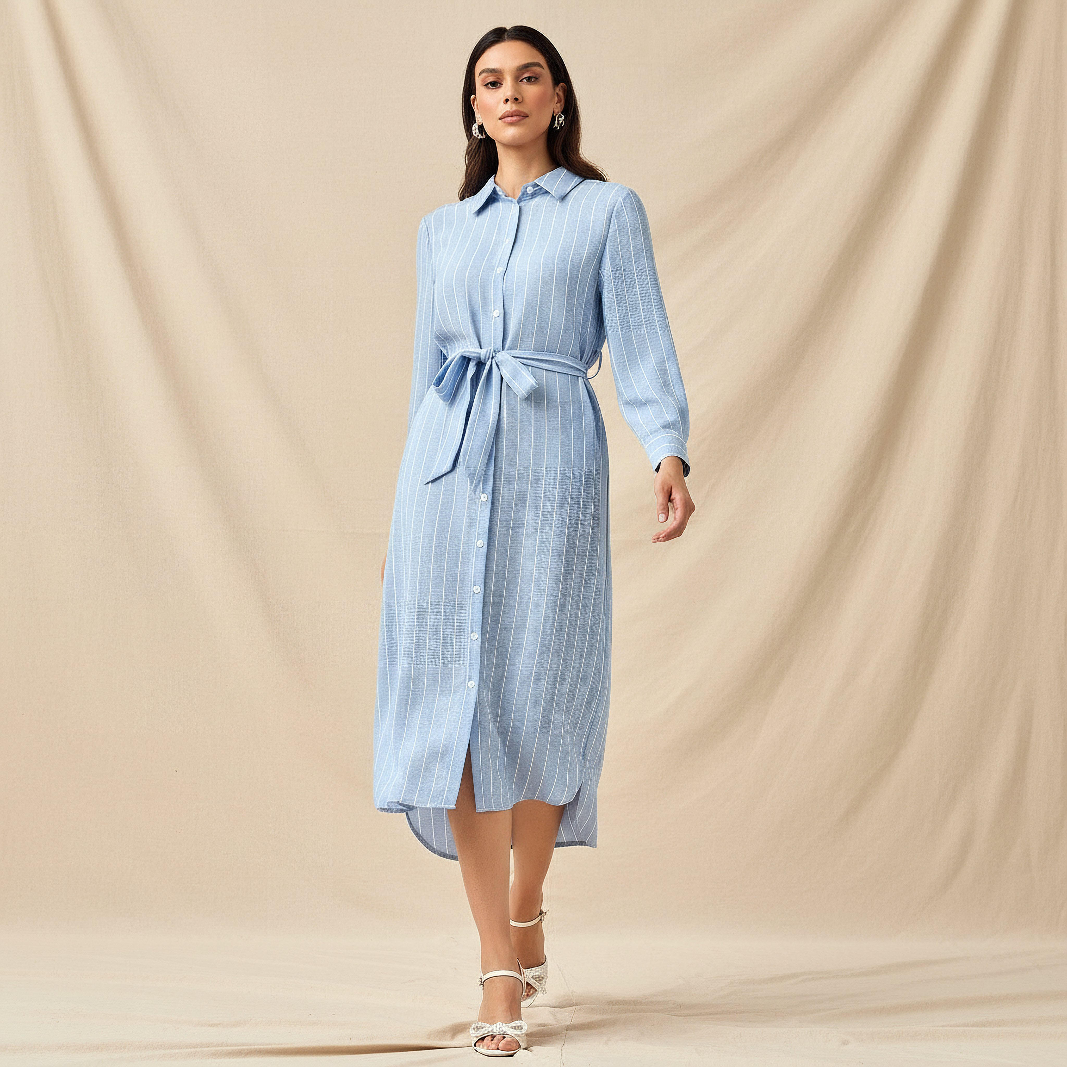 Striped Women Shirt Dress with Tie-Up Belt-women-clothing-dresses-image-1