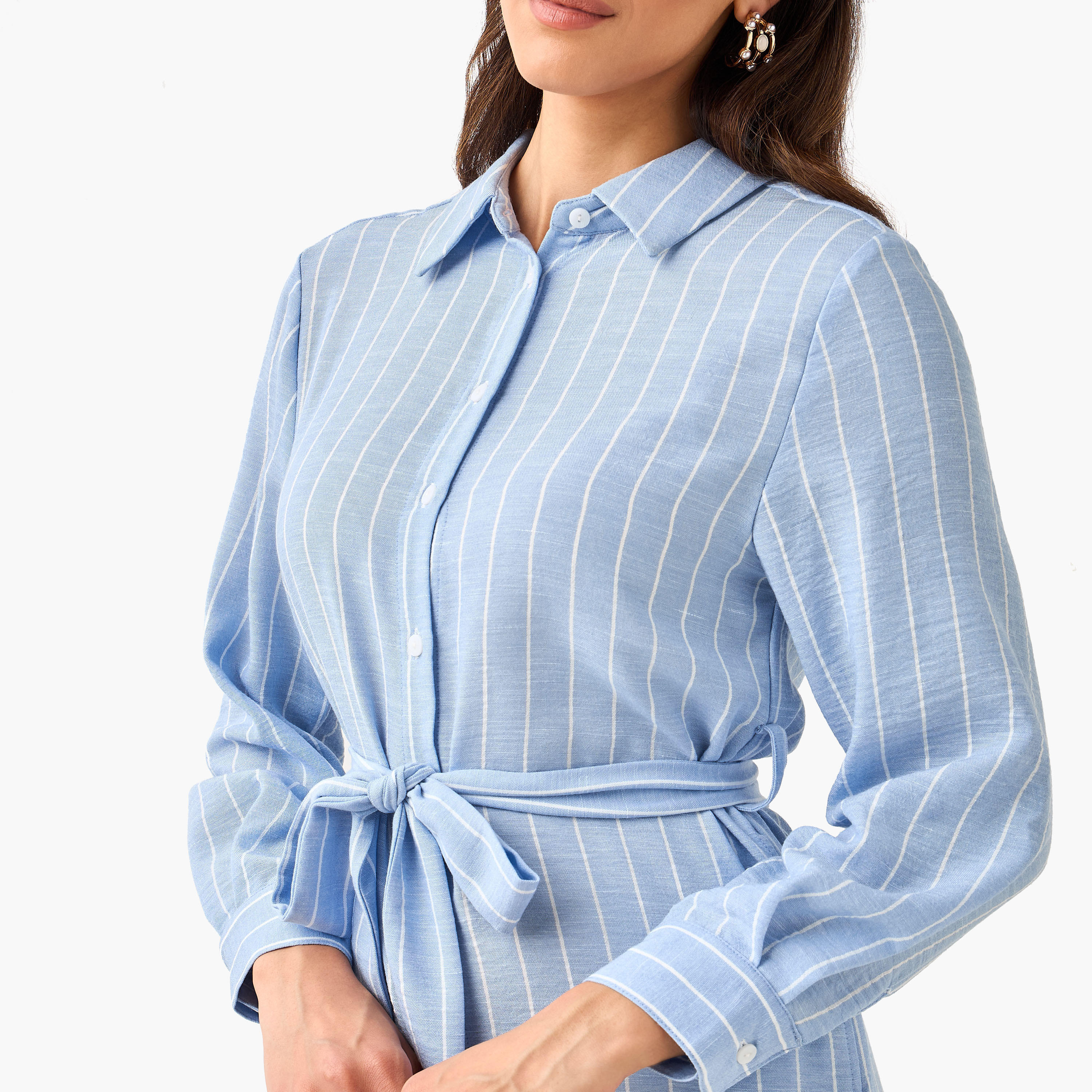 Striped Women Shirt Dress with Tie-Up Belt-women-clothing-dresses-image-2