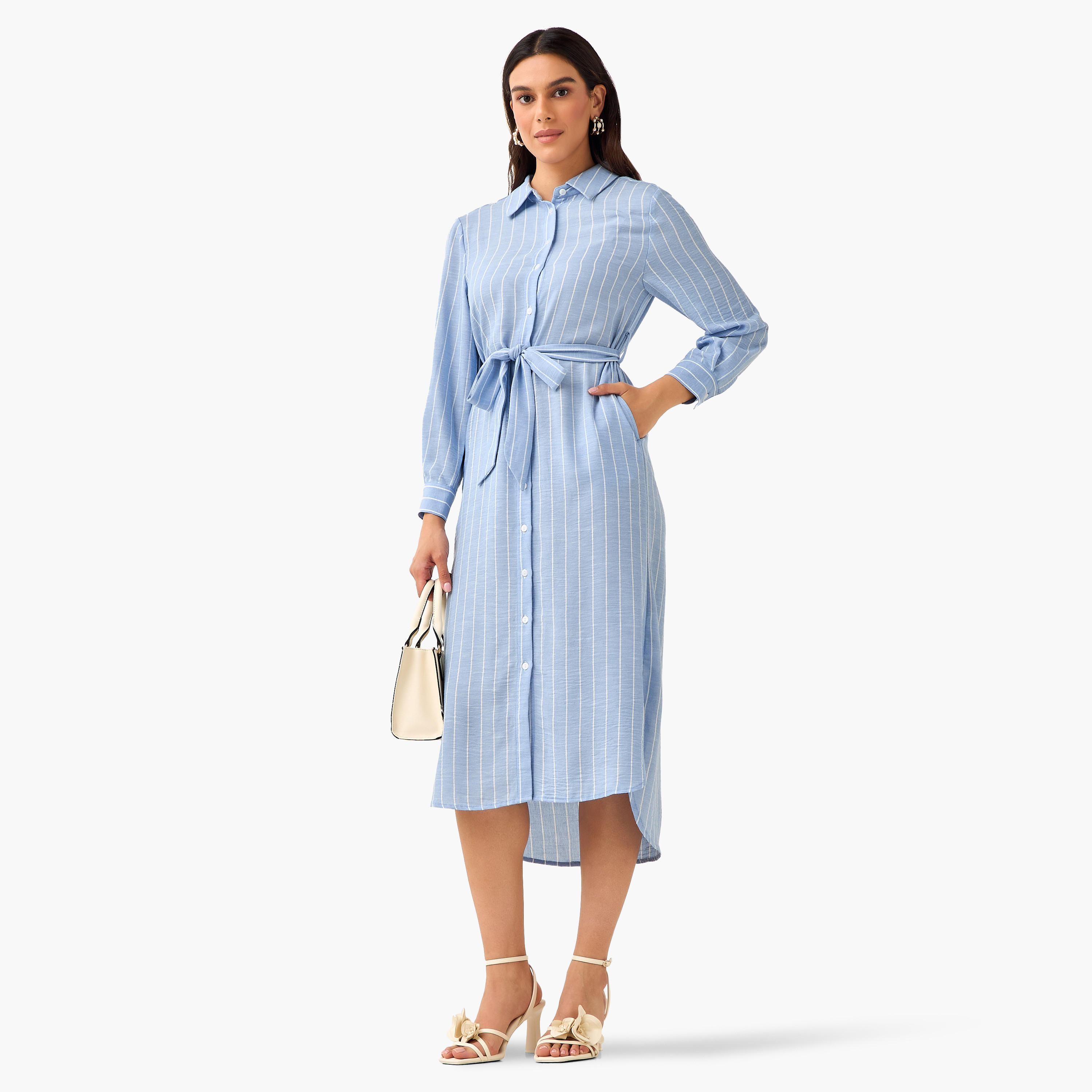 فستان قميص مقلم بحزام ربط للنساء-women-clothing-dresses-image-3