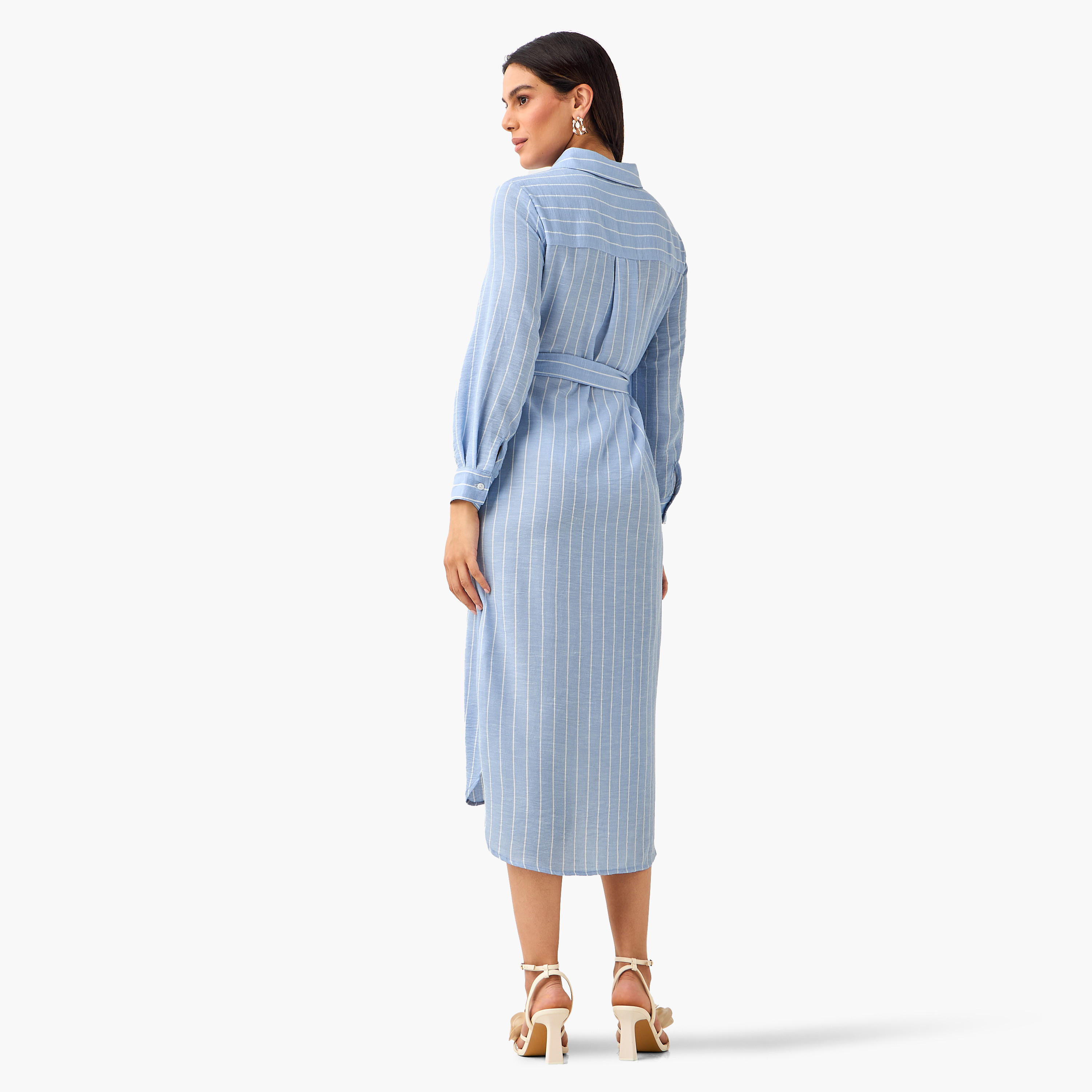 Striped Women Shirt Dress with Tie-Up Belt-women-clothing-dresses-image-4