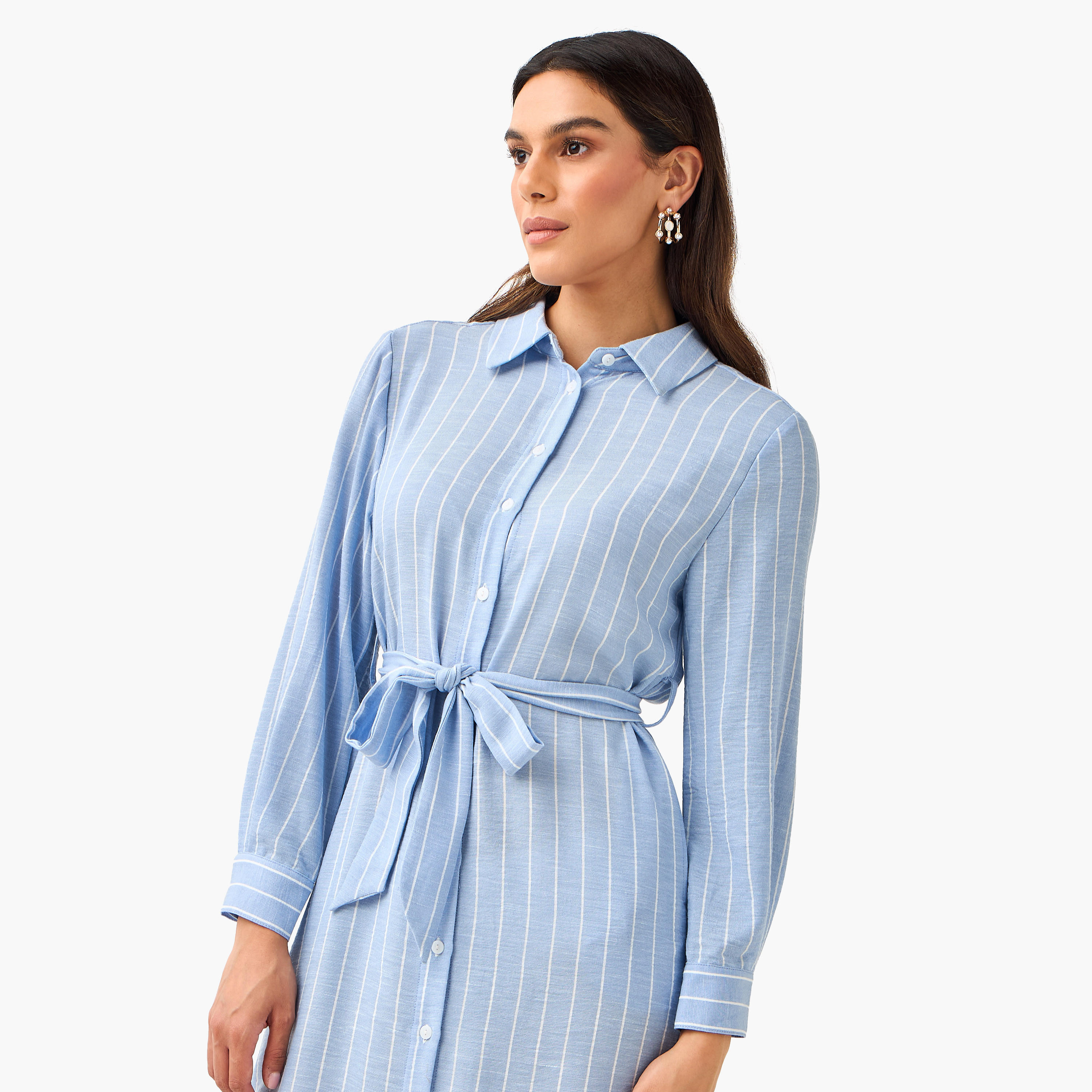 Striped Women Shirt Dress with Tie-Up Belt-women-clothing-dresses-image-5