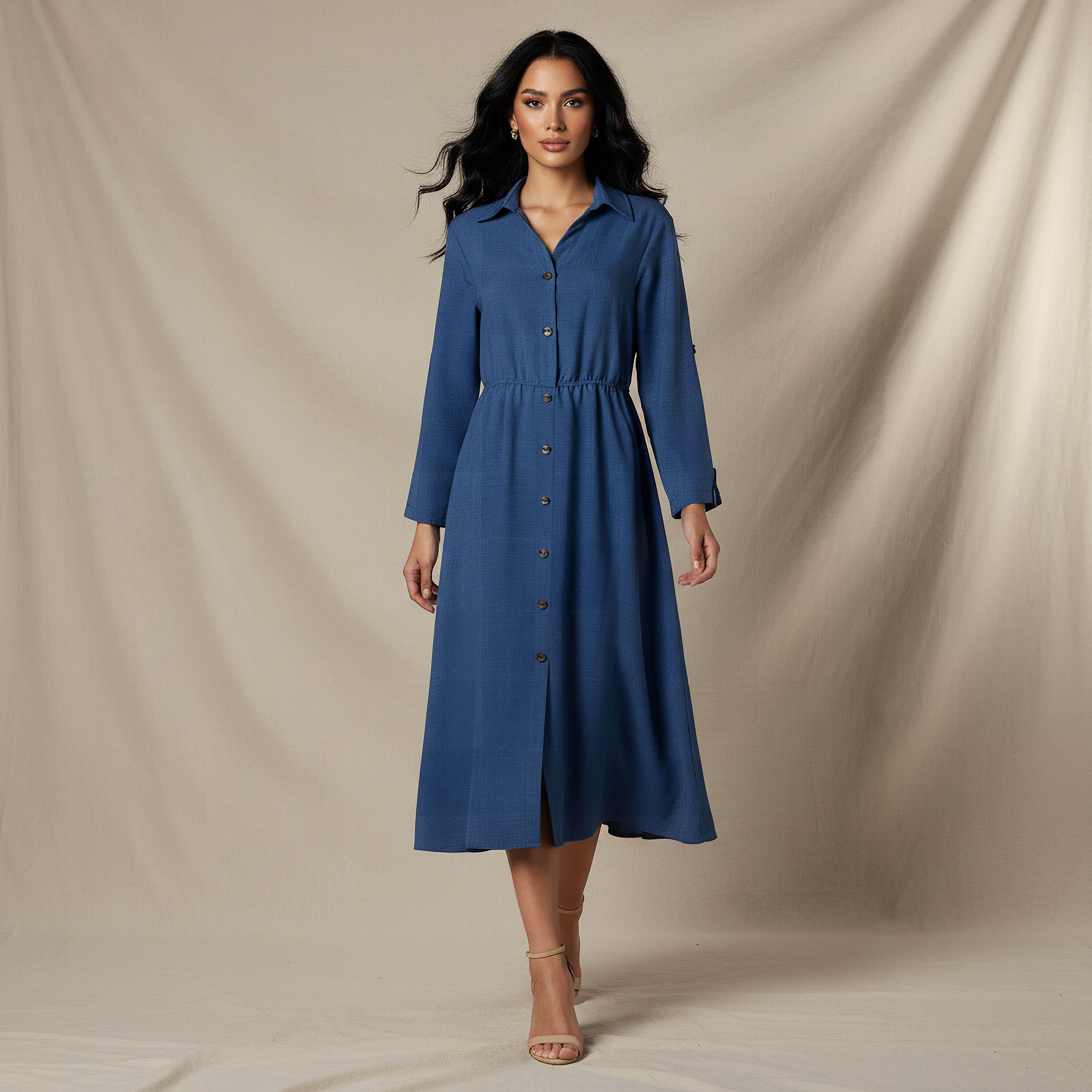 Midi Linen Shirt Dress with 3/4 Sleeves-women-clothing-dresses-image-1