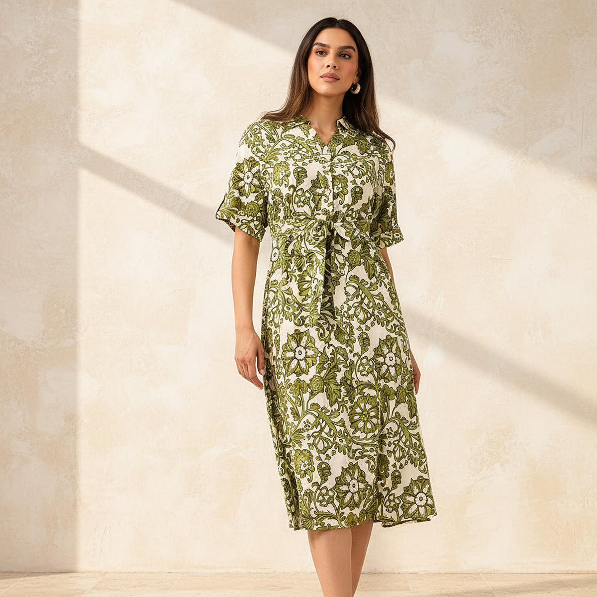 فستان قميص ميدي بحزام وتصميم بطبعات-women-clothing-dresses-image-1