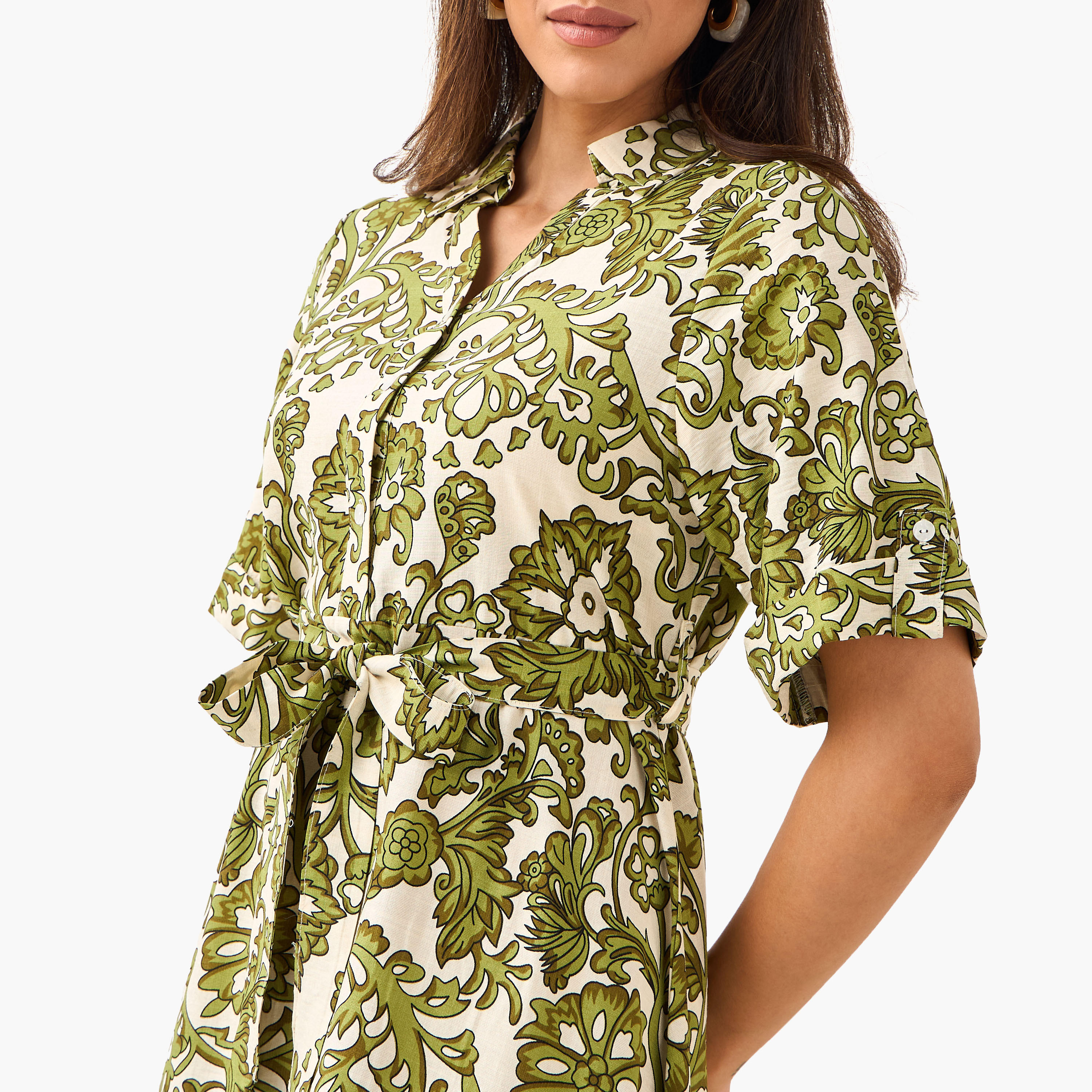 Belted Midi Shirt Dress with Printed Design-women-clothing-dresses-image-2