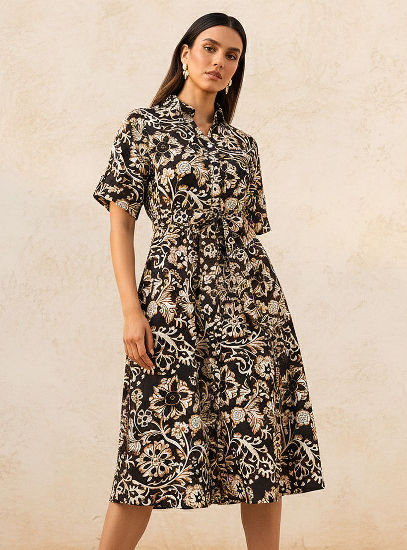 Belted Midi Shirt Dress with Printed Design-women-clothing-dresses-image-1