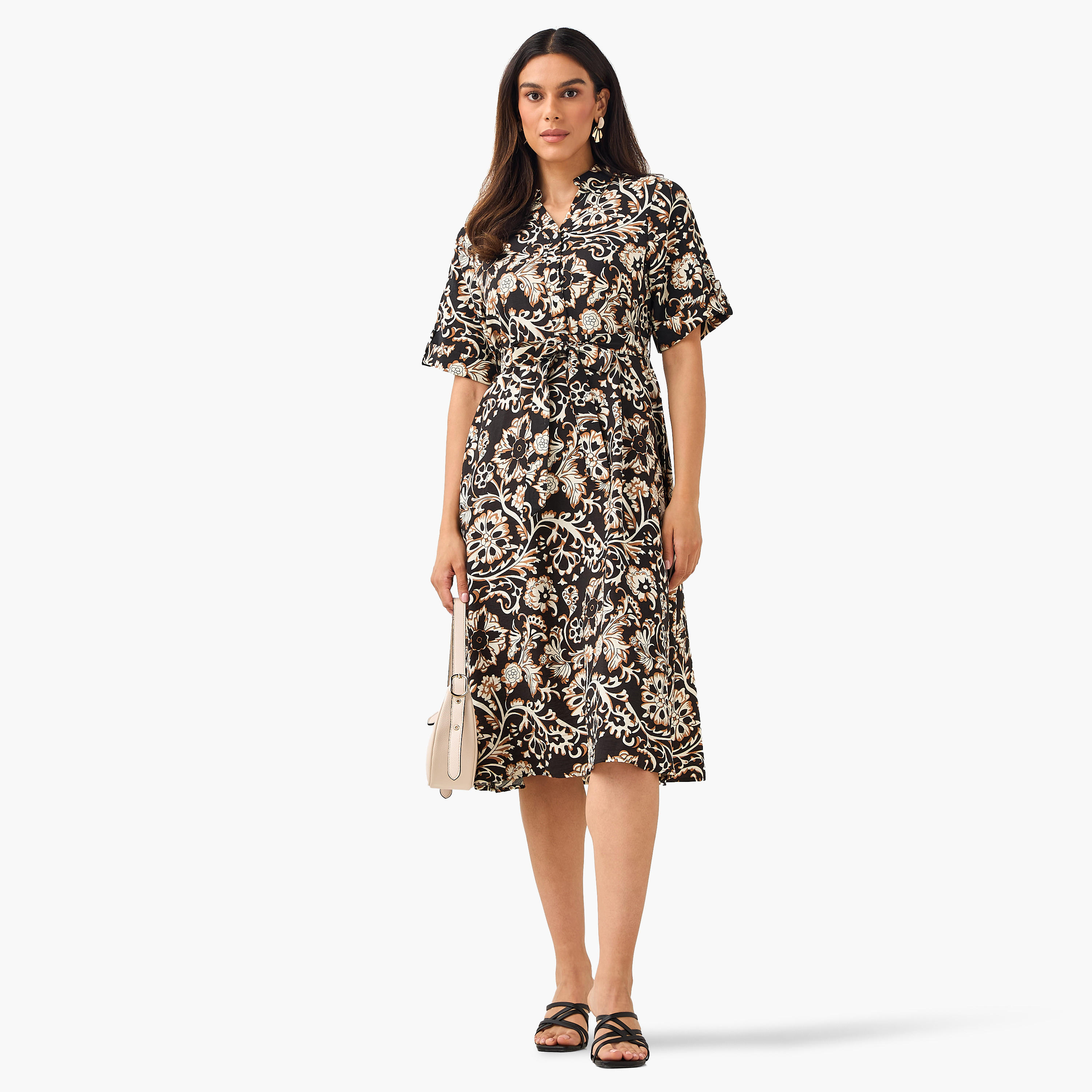 Belted Midi Shirt Dress with Printed Design-women-clothing-dresses-image-4