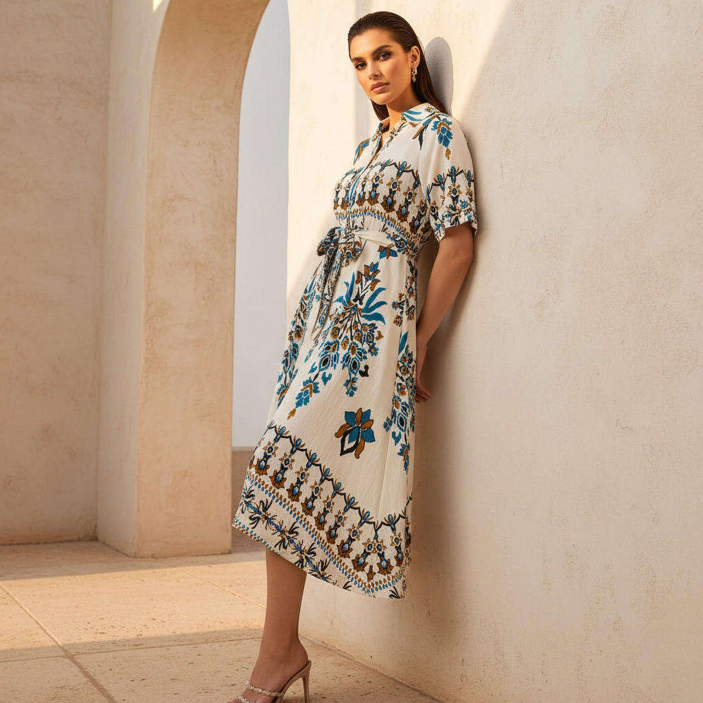 Belted Midi Shirt Dress with Printed Design-women-clothing-dresses-image-1