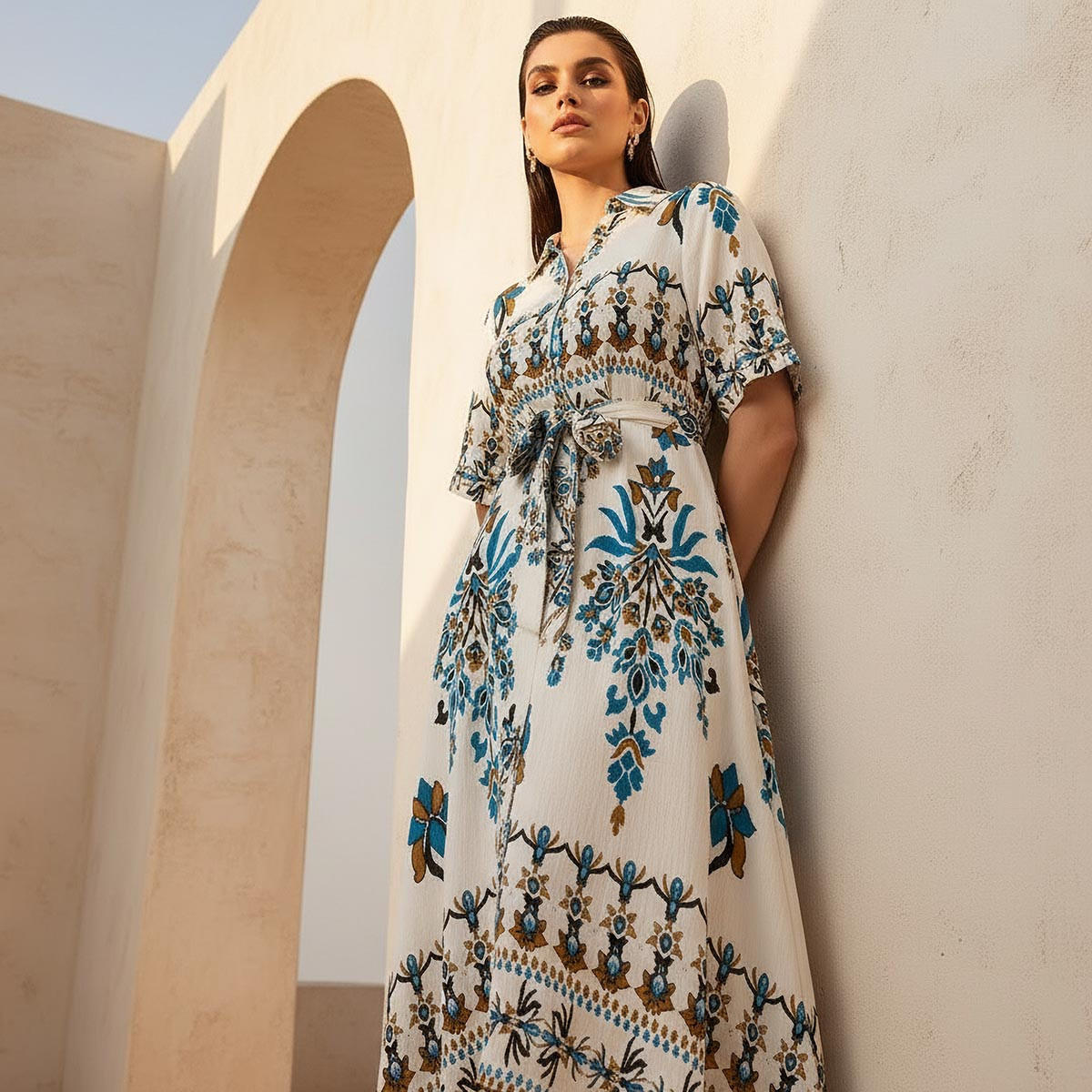 Belted Midi Shirt Dress with Printed Design-women-clothing-dresses-image-3