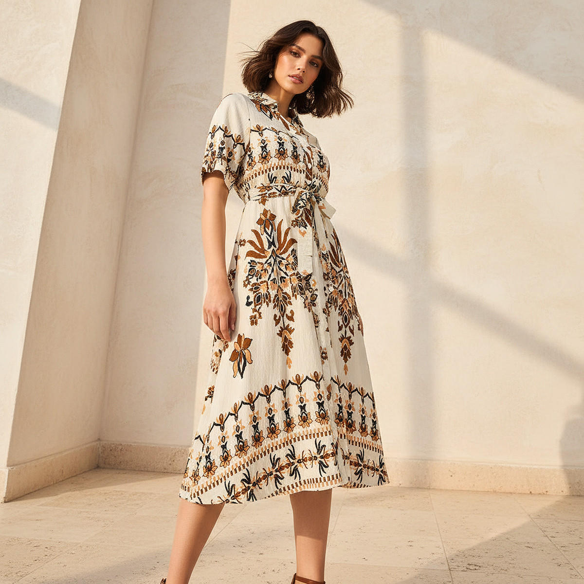 Belted Midi Shirt Dress with Printed Design-women-clothing-dresses-image-1