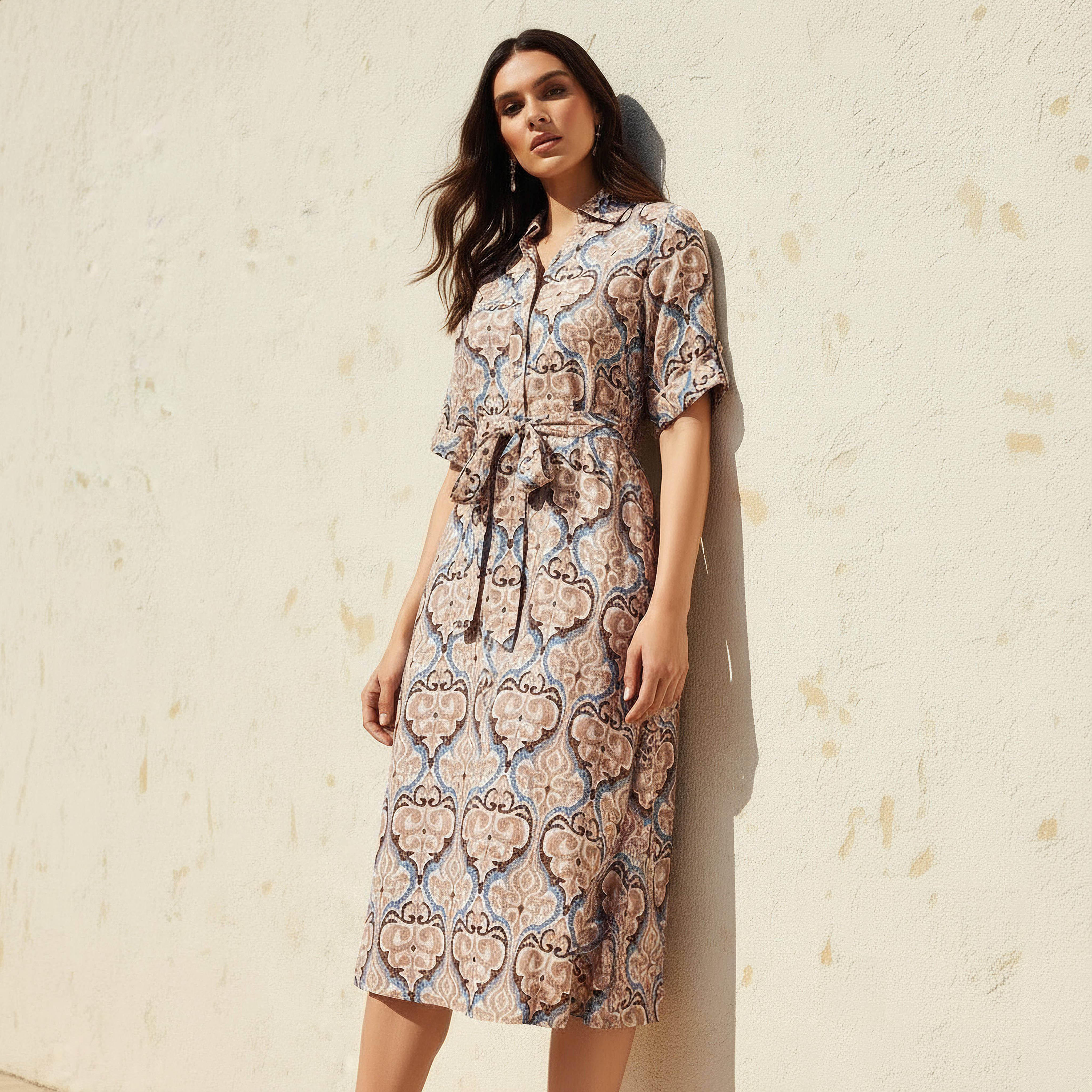 فستان قميص ميدي بحزام وتصميم بطبعات-women-clothing-dresses-image-1