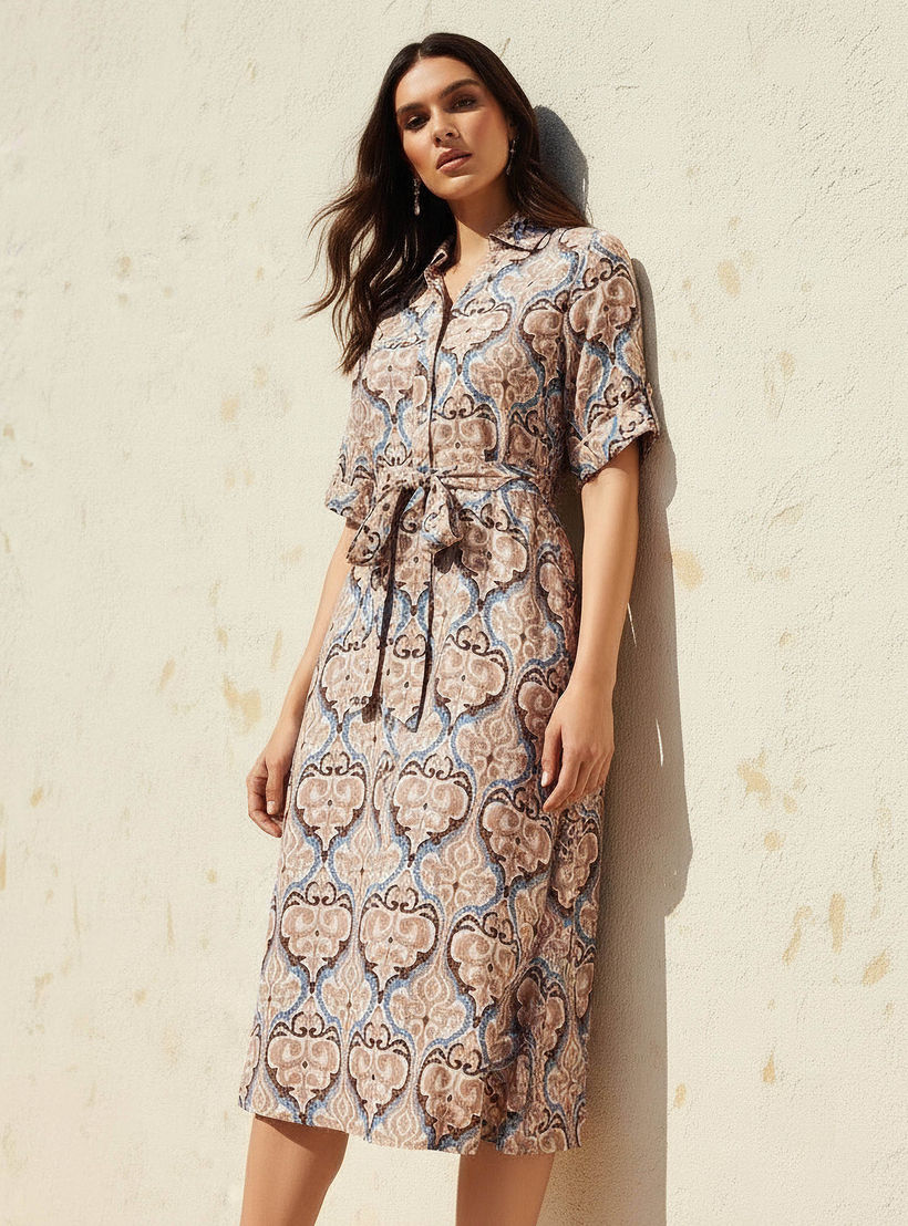 فستان قميص ميدي بحزام وتصميم بطبعات-women-clothing-dresses-image-1