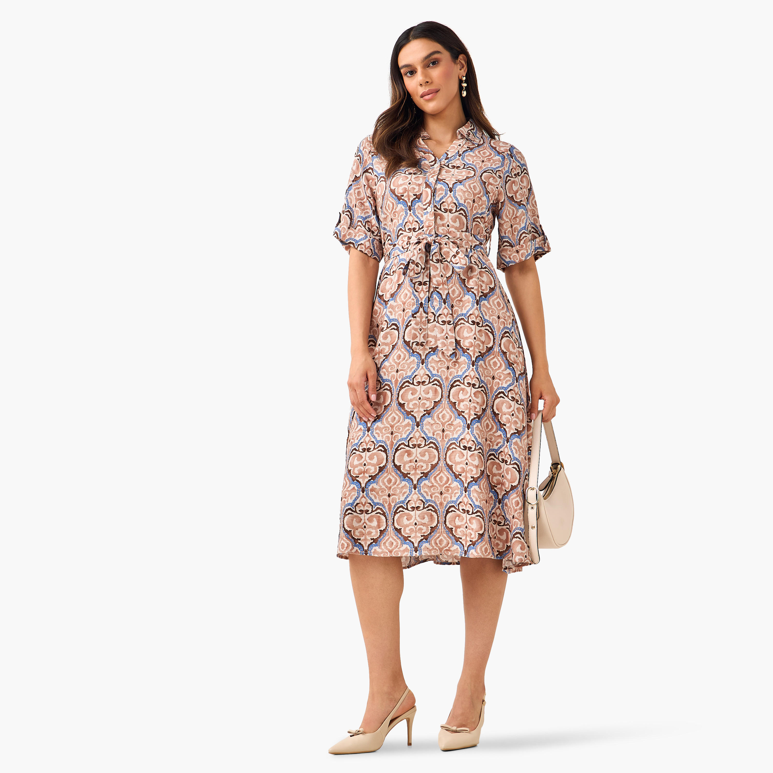 فستان قميص ميدي بحزام وتصميم بطبعات-women-clothing-dresses-image-3