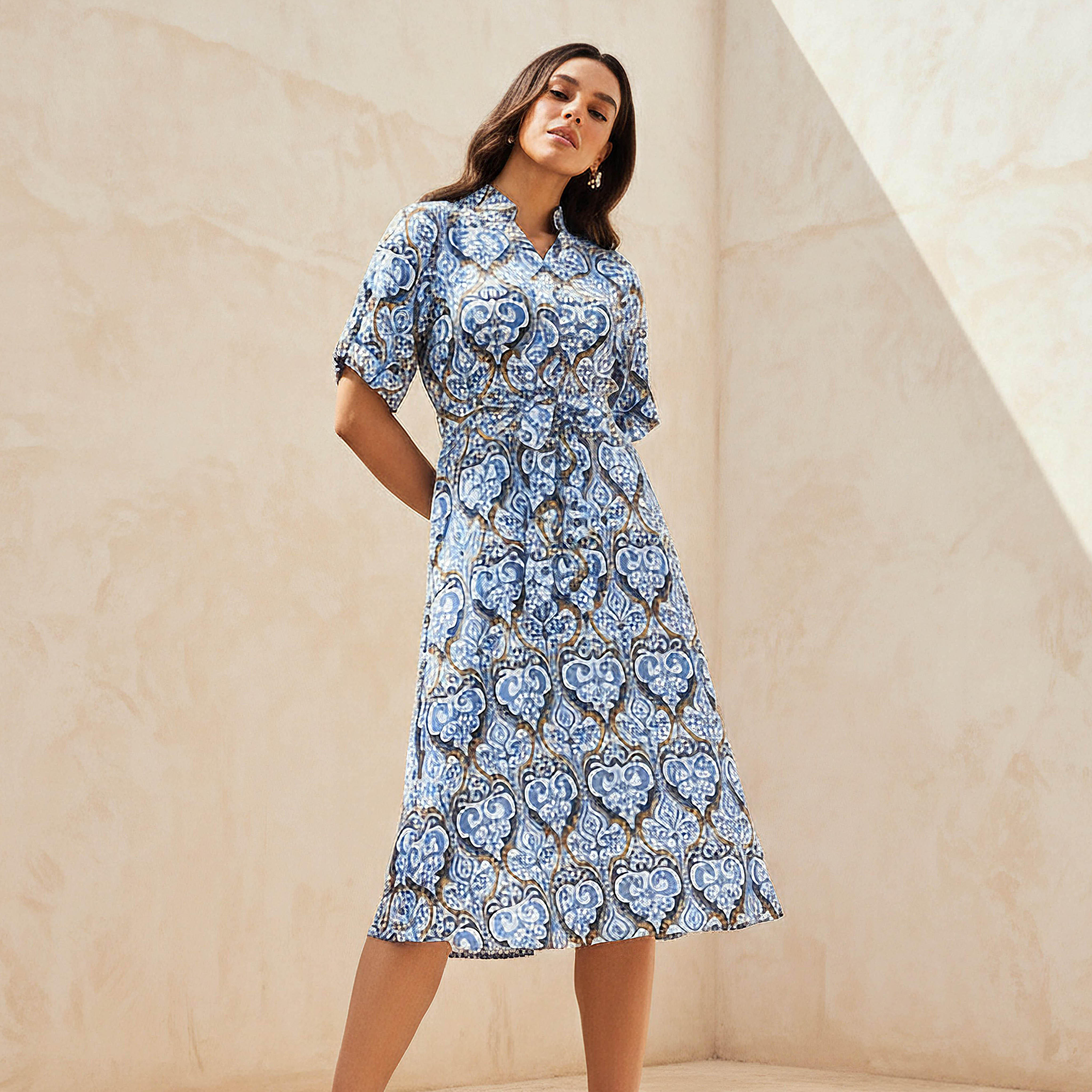 Belted Midi Shirt Dress with Printed Design-women-clothing-dresses-image-1